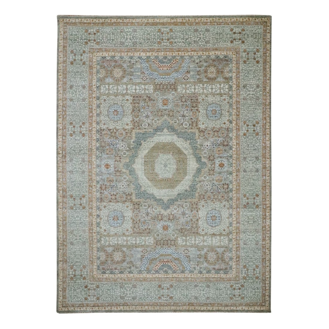 Rug 10'x14', Light Green, Pure Wool, Historic Mamluk Design: Rug 10'x14', Light Green, Pure Wool, Historic Mamluk Design This stunning Light Green Pure Wool Mamluk rug boasts an intricate medallion design, characteristic of historic Oriental craftsmanship. Hand