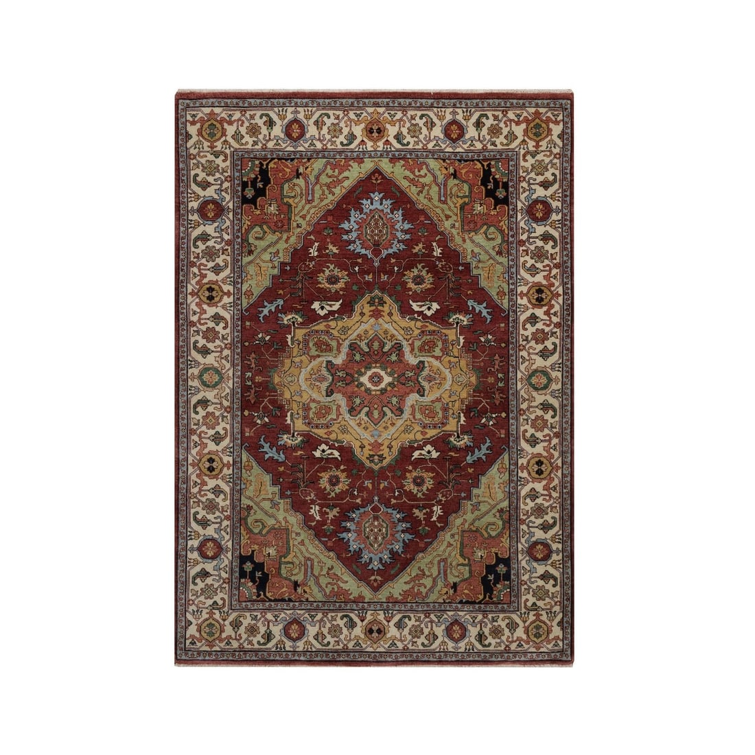 Antiqued Red Fine Wool Hand Knot Rug: Antiqued Red Fine Wool Hand Knot Rug This stunning Heris-style hand-knot rug boasts a rich red color and intricate medallion pattern, showcasing exceptional craftsmanship in its hand-woven design. Mad
