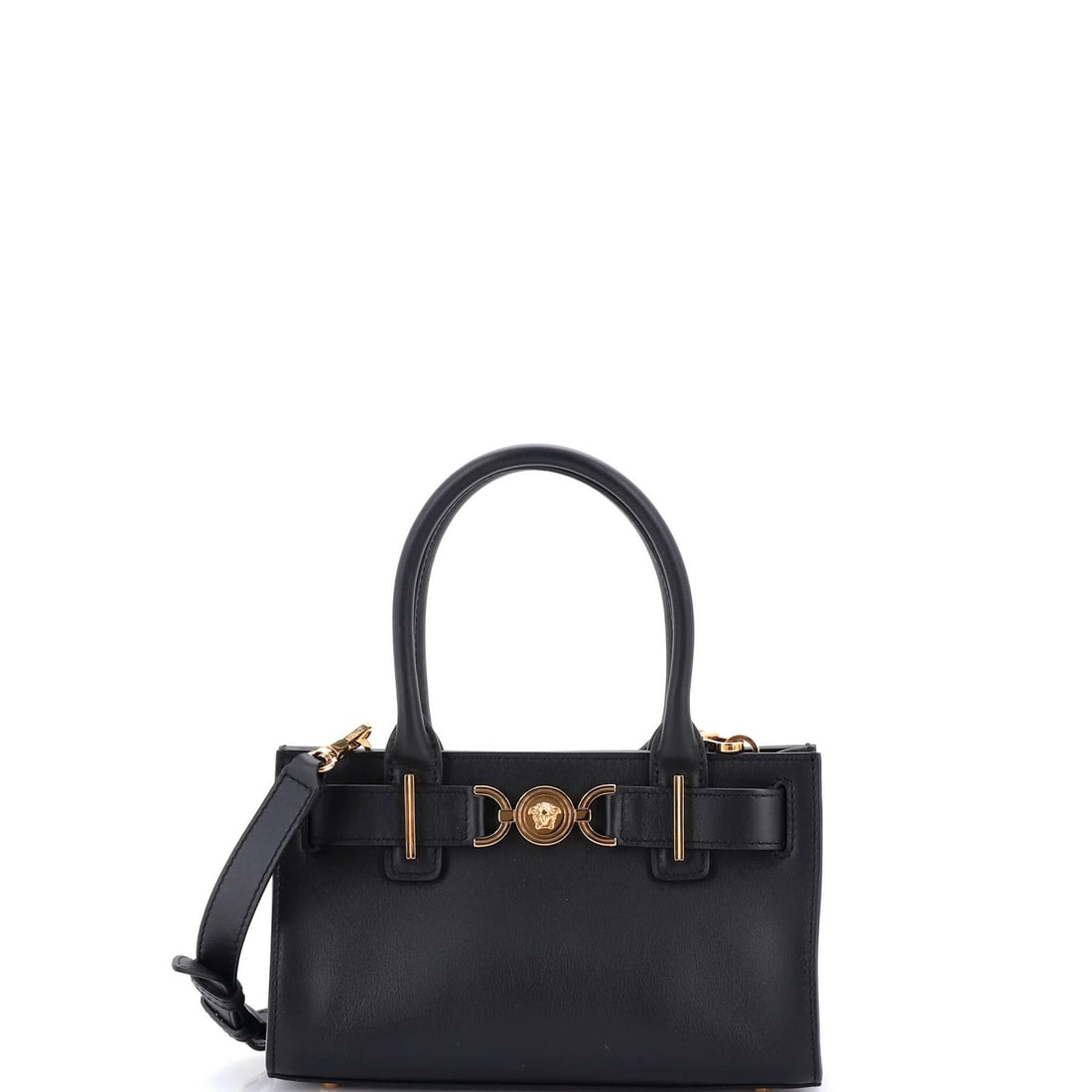 Medusa tote leather bag: Medusa tote leather bag The Medusa tote leather bag from Versace boasts sleek black leather exterior with gold hardware, adding a touch of luxury to any outfit. Measuring 5.5" tall and 8.5" wide, this