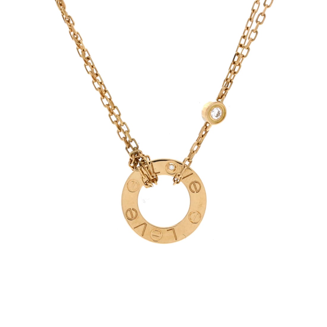 Pendant Necklace in 18K Yellow Gold Set with Two Diamonds: Pendant Necklace in 18K Yellow Gold Set with Two Diamonds The Cartier 2 Diamonds Love Pendant Necklace in 18K Yellow Gold features two diamonds set in a beautiful 18K yellow gold pendant, suspended fr