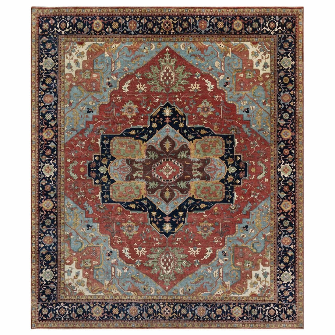 Strict Rules Apply to Original 139x162 Red Antiqued Heris Recreation Hand Knotted Wool Oversized Rug: Strict Rules Apply to Original 139x162 Red Antiqued Heris Recreation Hand Knotted Wool Oversized Rug Hand-knotted in wool, this stunning Heris-style rug boasts a rich red field with intricate regional