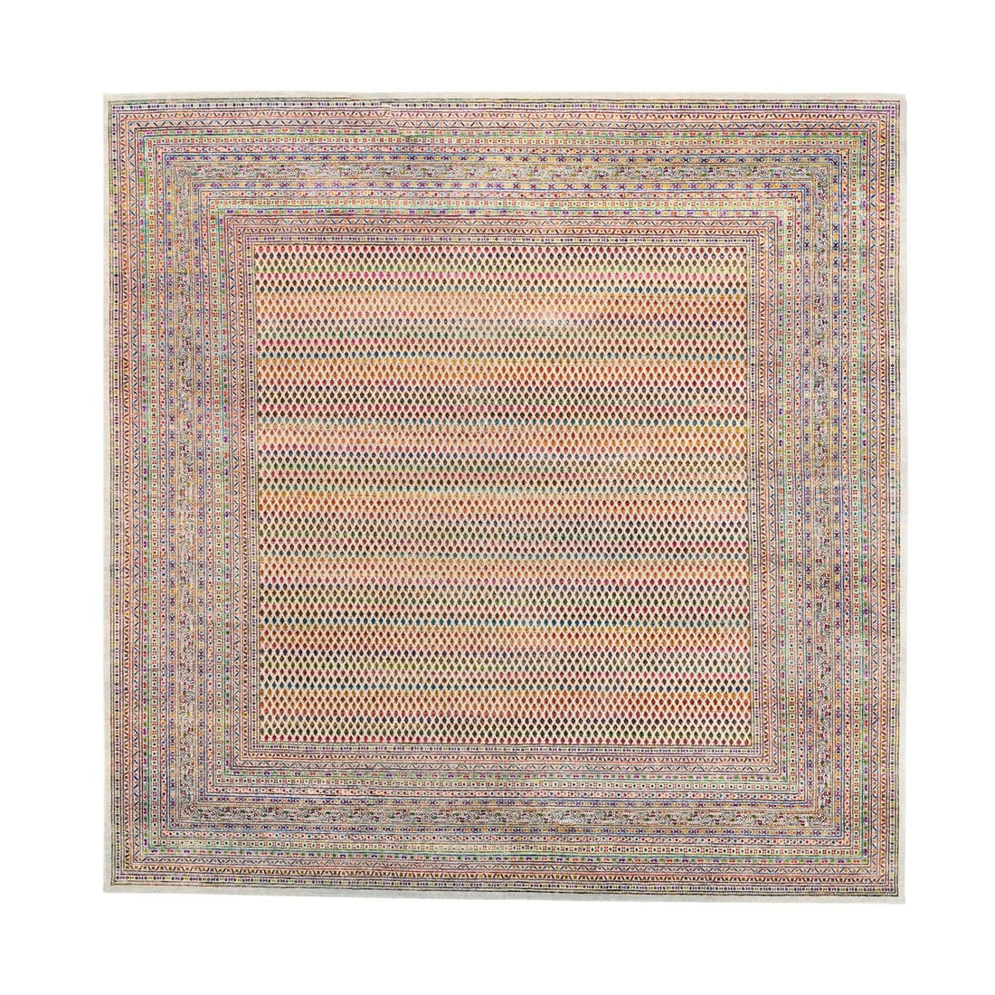 Colorful wool saroogh silk rug knotted square hand inspired 14x14: Colorful wool saroogh silk rug knotted square hand inspired 14x14 Colorful wool saroogh silk rug features a vibrant design in beige. The hand-knotted square rug measures 14x14 inches and has dimension