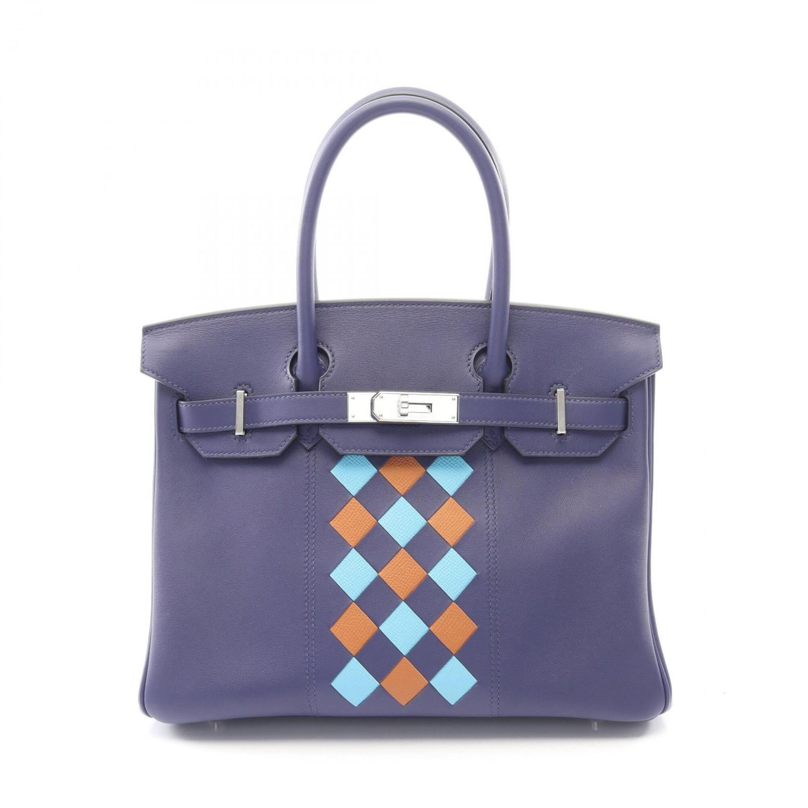 Hermes Handbag Swift Leather Leather: Hermes Handbag Swift Leather Leather Swift Leather Handbag in Blue and Brown Tones. This pre-owned Hermes Swift Leather handbag boasts its classic design with subtle scratches and minor dirt marks, gi