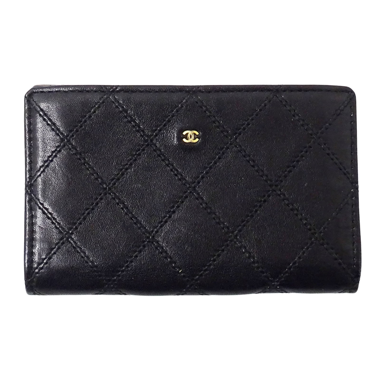 Chanel Middle Wallet (Bi-Fold) Leather: Chanel Middle Wallet (Bi-Fold) Leather The Chanel Middle Wallet (Bi-Fold) Leather is a classic accessory featuring lambskin leather and a timeless design. Its bi-fold structure and sleek black color m