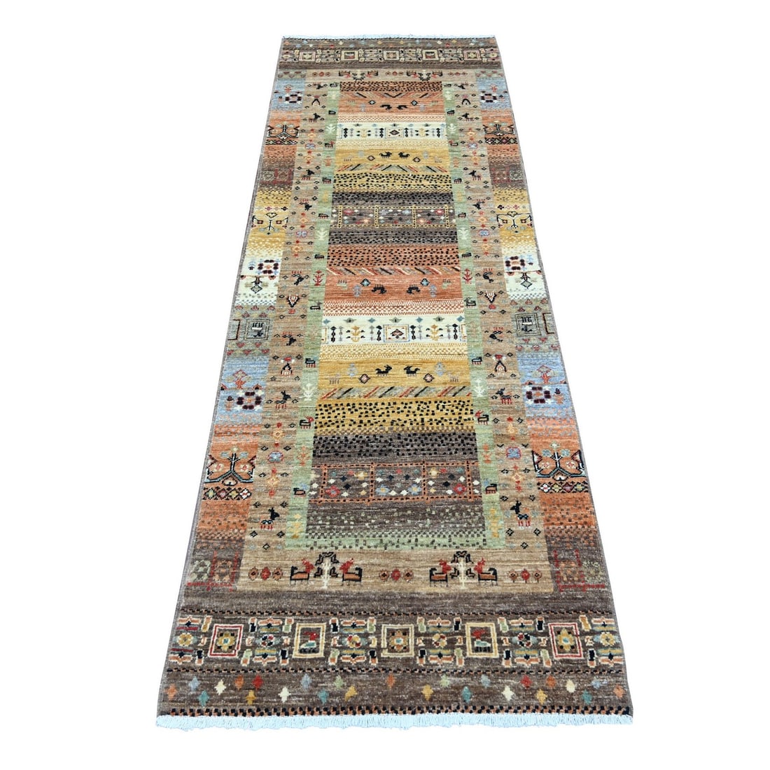 Strict rules for brown kashkuli animal figurines hand knotted wool runner rug.: Strict rules for brown kashkuli animal figurines hand knotted wool runner rug. Hand-knotted wool runner rug in traditional Kashkuli style from Afghanistan features an animal print design in warm brown