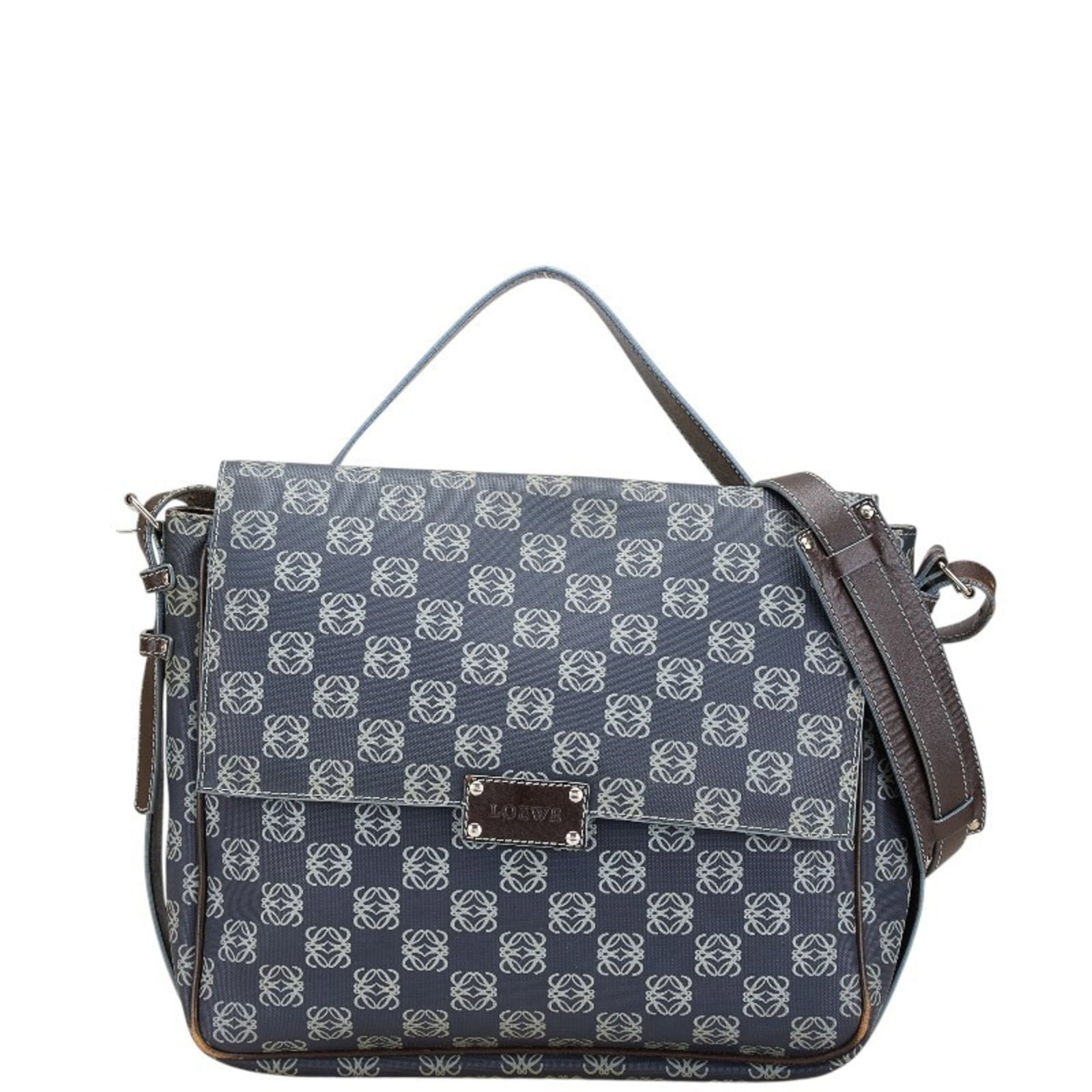 Loewe Messenger Bag Shoulder Bag Pvc Leather: Loewe Messenger Bag Shoulder Bag Pvc Leather This Loewe messenger bag features a unique blend of PVC and leather materials in a stylish gray and navy color combination. With its classic shoulder strap