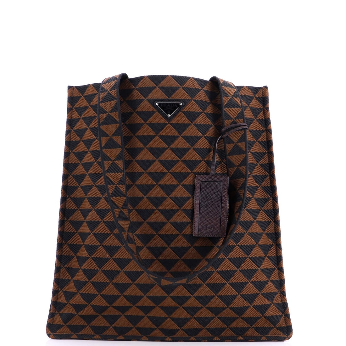Symbole Shopper Tote Jacquard by Prada: Symbole Shopper Tote Jacquard by Prada The Symbole Shopper Tote Jacquard by Prada boasts a rich brown canvas exterior with intricate jacquard detailing, adding a touch of sophistication to any daily c