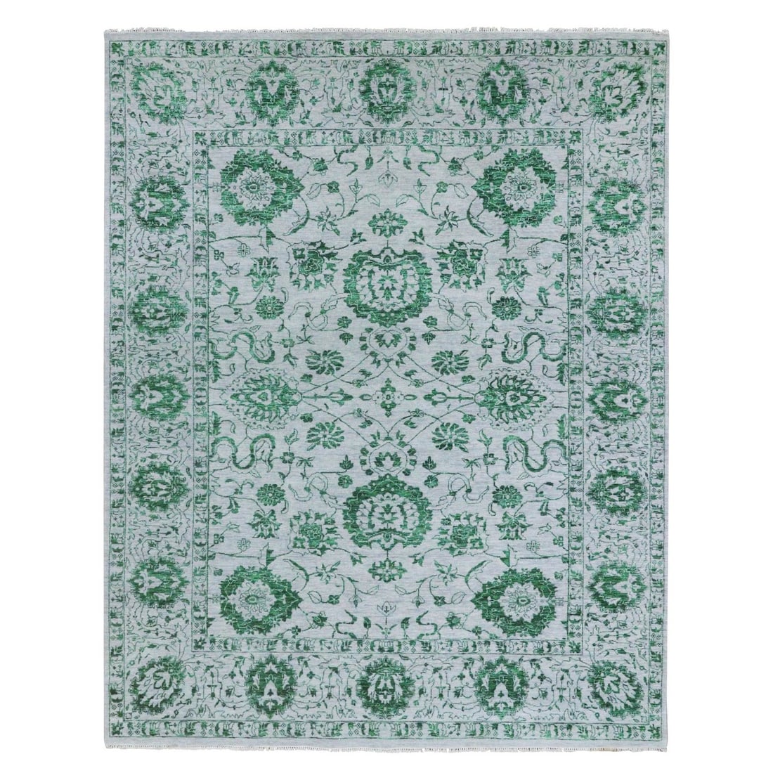 White Green Wool Hand Knotted Rug Strictly Compliant with Original Design: White Green Wool Hand Knotted Rug Strictly Compliant with Original Design Hand-knotted with precision and care, this stunning white green wool rug boasts an authentic Tebraz design from India.