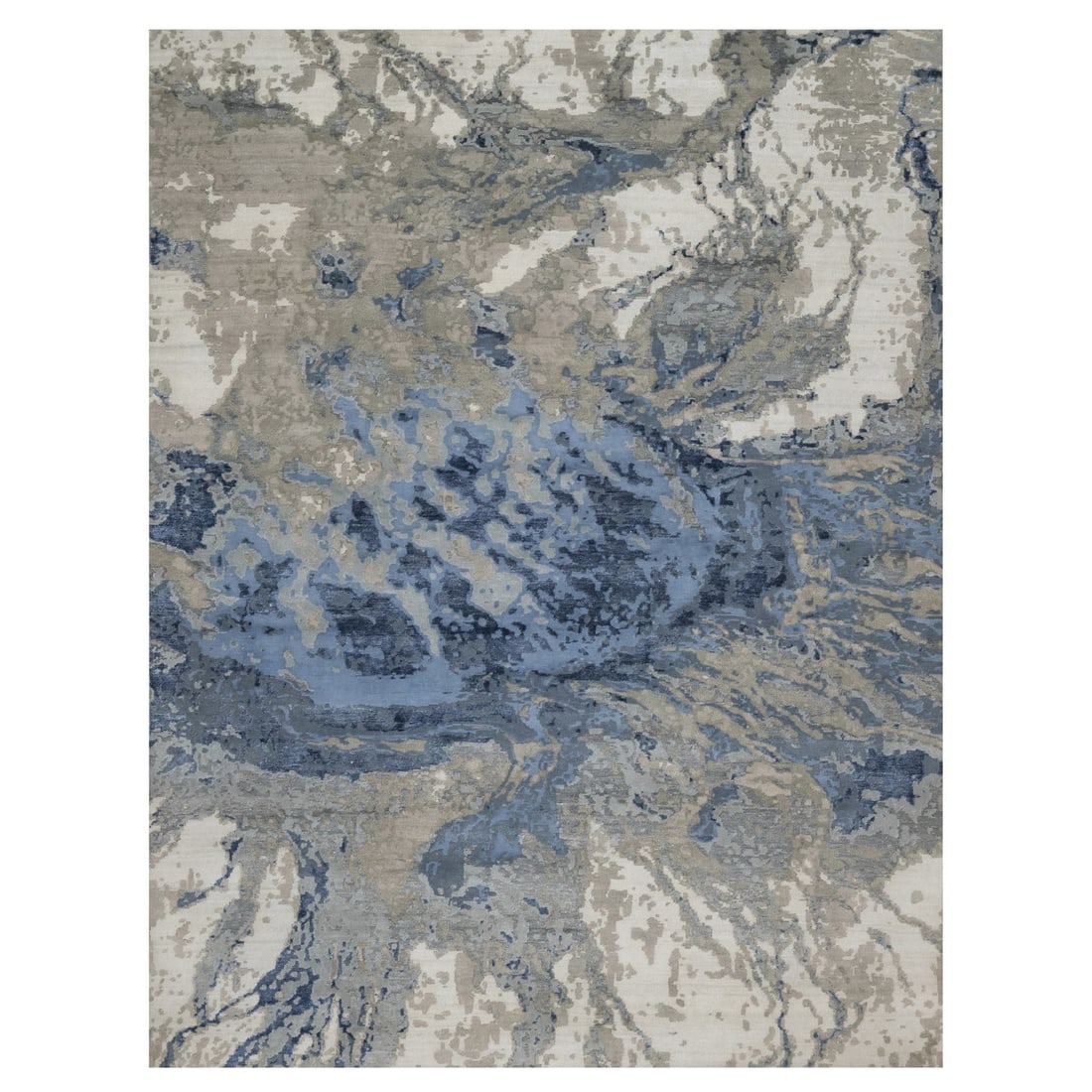 Blue High Low Pile Wool Silk Hand Knotted Rug: Blue High Low Pile Wool Silk Hand Knotted Rug Hand-knotted with wool and silk, this abstract Oriental-style rug boasts an intricate regional design in ivory and navy blue hues. Measuring 9" x 12", its