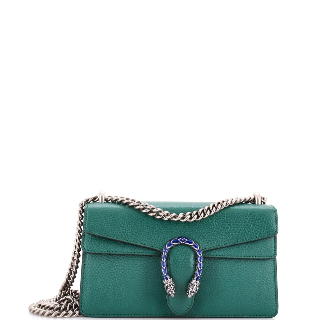 Small leather bag Gucci Dionysus: Small leather bag Gucci Dionysus Small leather bag Gucci Dionysus features a striking green exterior with minor scuffs and edge wear. The interior boasts neutral fabric with discoloration, while silve