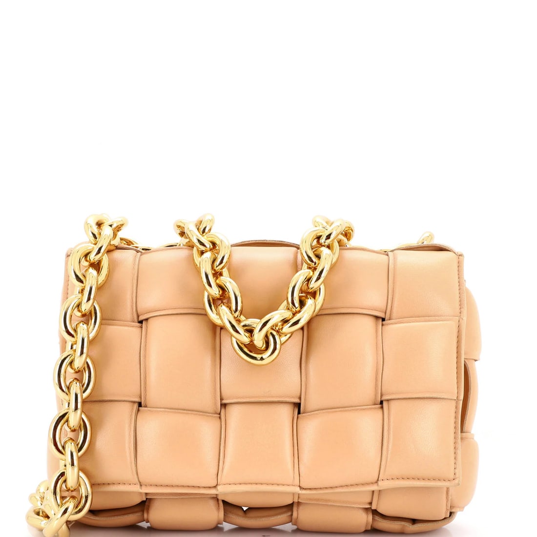 Intrecciato Leather Maxi Crossbody Bag Cassette Chain Cross Padded By Bottega Veneta: Intrecciato Leather Maxi Crossbody Bag Cassette Chain Cross Padded By Bottega Veneta Neutral-colored Intrecciato Leather Maxi Crossbody Bag features a Cassette Chain Cross design and padded interior. 
