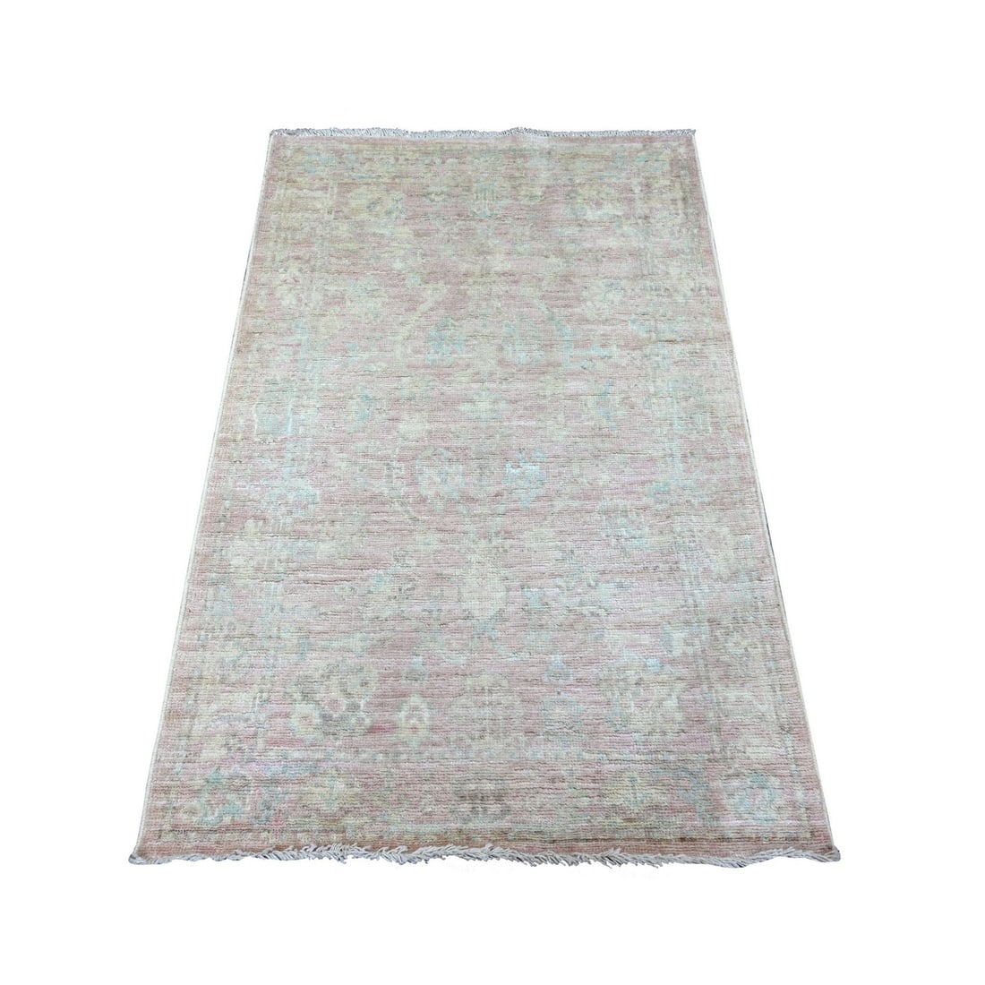 Pink Afghan Hand Knotted Wool Rug With 3'3" Leaf Design: Pink Afghan Hand Knotted Wool Rug With 3'3" Leaf Design The Pink Afghan Hand Knotted Wool Rug boasts a stunning 3'3" leaf design in its rectangular field, adding a touch of elegance to any room. Made 