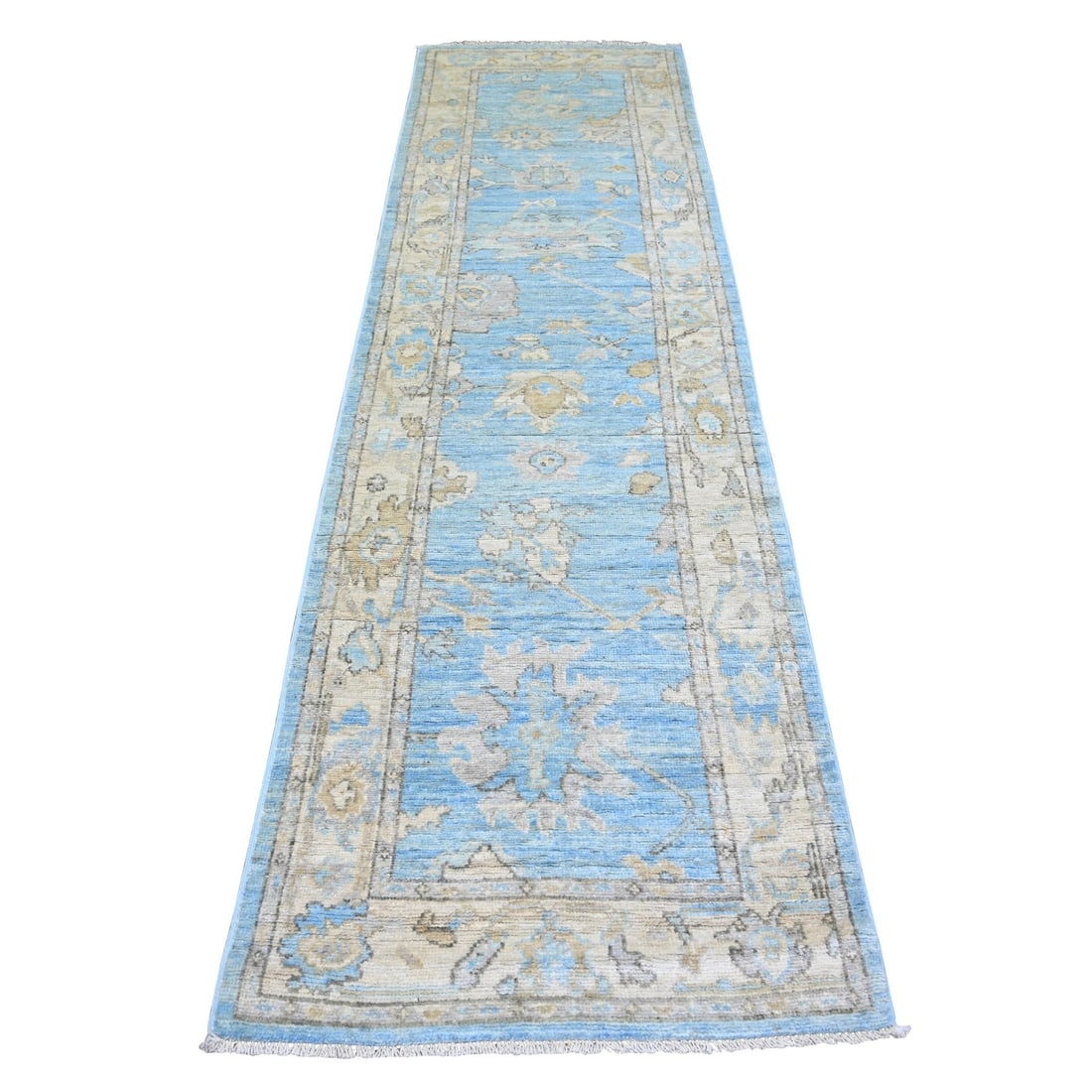 Afghan Oushak Wool Blue Runner Oriental Rug Hand Knotted 289x909: Afghan Oushak Wool Blue Runner Oriental Rug Hand Knotted 289x909 The Afghan Oushak Wool Blue Runner Oriental Rug is a stunning hand-knotted wool rug with a rich blue field color and intricate