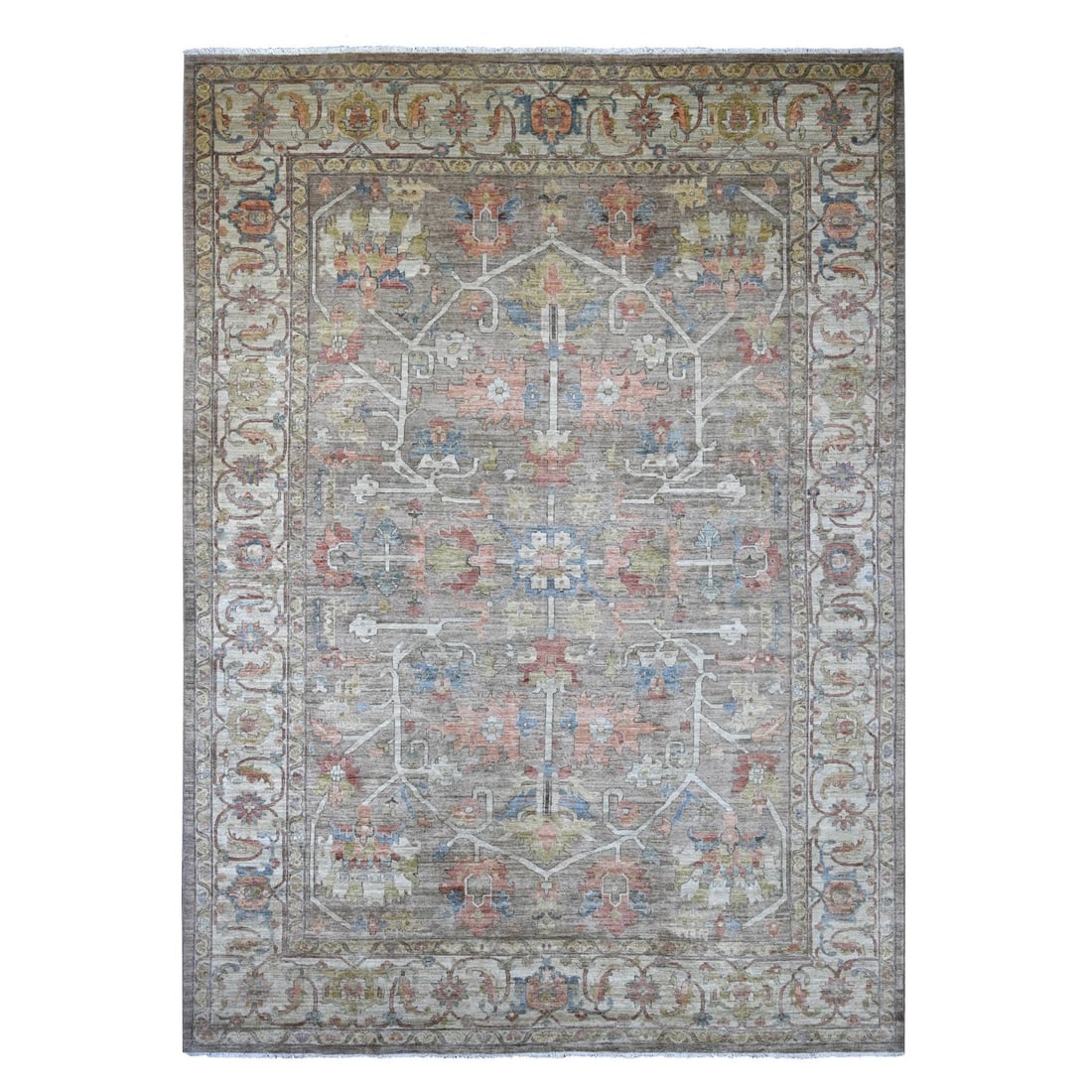 Brown hand knotted wool rug peshawar heris all over design: Brown hand knotted wool rug peshawar heris all over design Authentic Peshawar-style hand-knotted wool rug with an all-over design in rich brown colors. This beautifully crafted piece boasts a rectangu