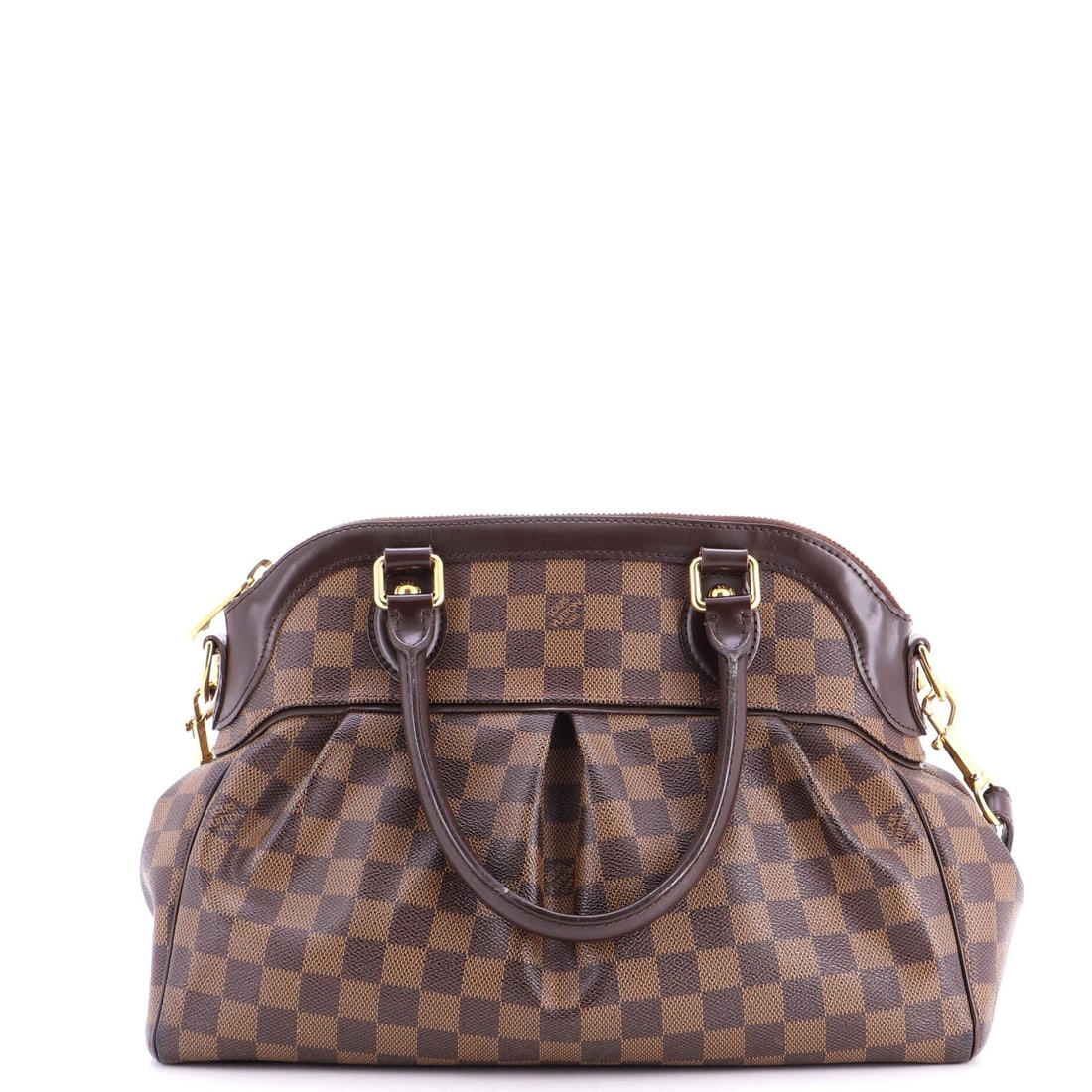 Trevi Handbag Damier by Louis Vuitton: Trevi Handbag Damier by Louis Vuitton The Trevi Handbag Damier PM in brown canvas coated exterior exudes classic style with its timeless design and iconic Damier pattern. Measuring 10" high, 15"