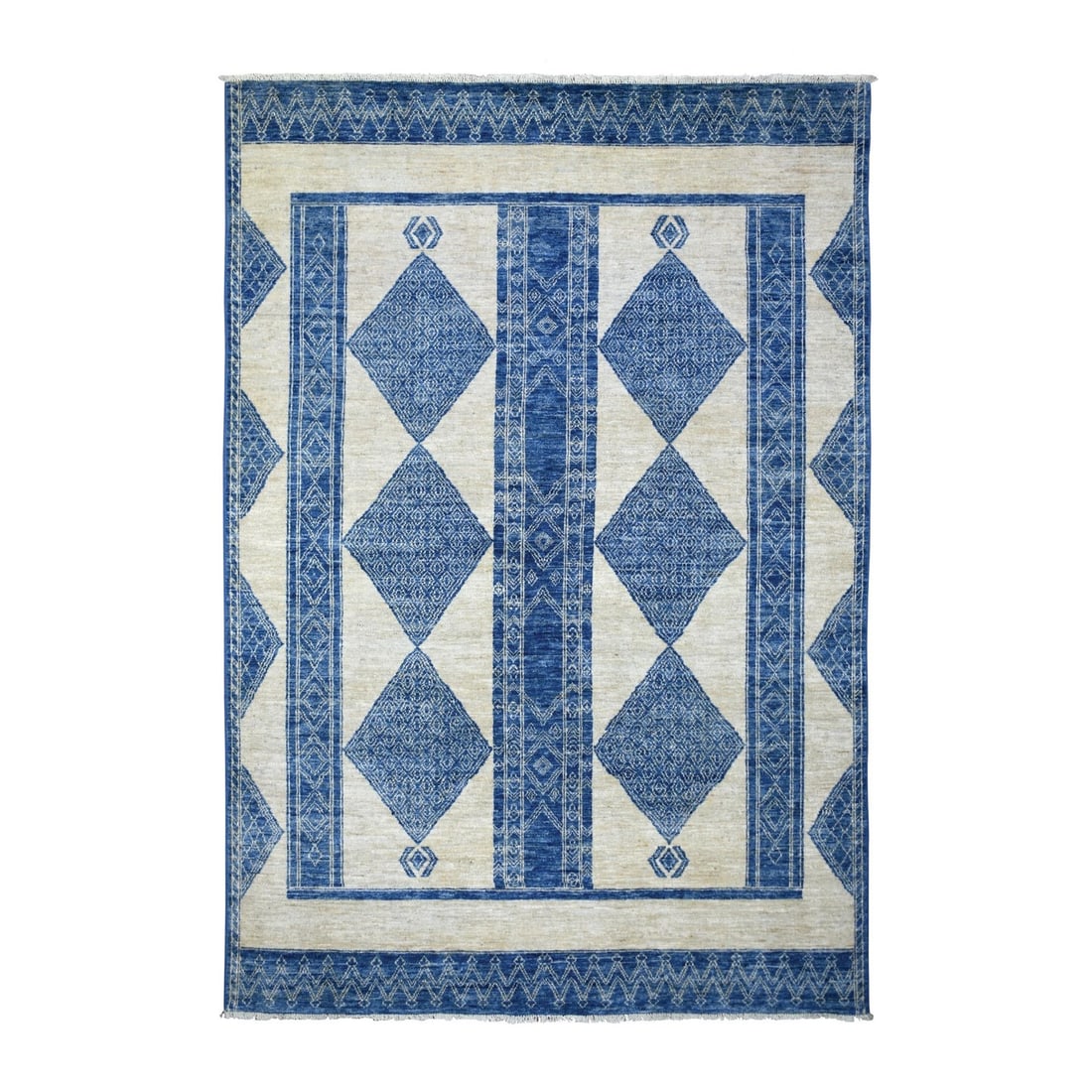 Soft fine hand knotted wool rug blue denim peshawar eight nine ten x: Soft fine hand knotted wool rug blue denim peshawar eight nine ten x Soft and durable, this hand-knotted wool rug boasts a stunning blue denim peshawar design. Measuring 105" x 70", its rectangular fi