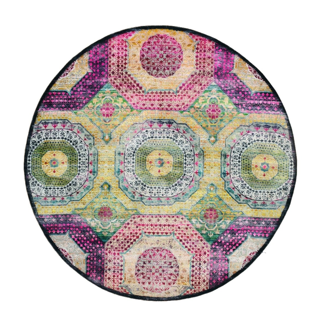 Mamluk design silk sari rug yellow wool hand knotted round: Mamluk design silk sari rug yellow wool hand knotted round Yellow wool hand-knotted round Mamluk design silk sari rug boasts a vibrant yellow field with intricate regional Oriental pattern.