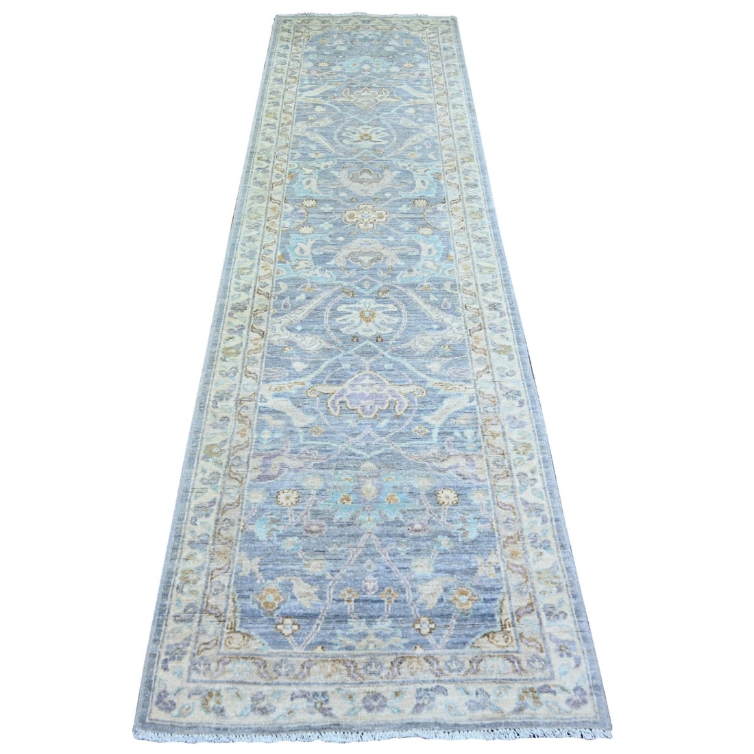 Aegean Blue Finer Wool Peshawar Hand Knotted Runner Rug 2'7"x9'6: Aegean Blue Finer Wool Peshawar Hand Knotted Runner Rug 2'7"x9'6 Aegean Blue Finer Wool Peshawar Hand Knotted Runner Rug boasts a stunning 2'7"x9'6" size and vibrant Aegean blue color. Made from 100%