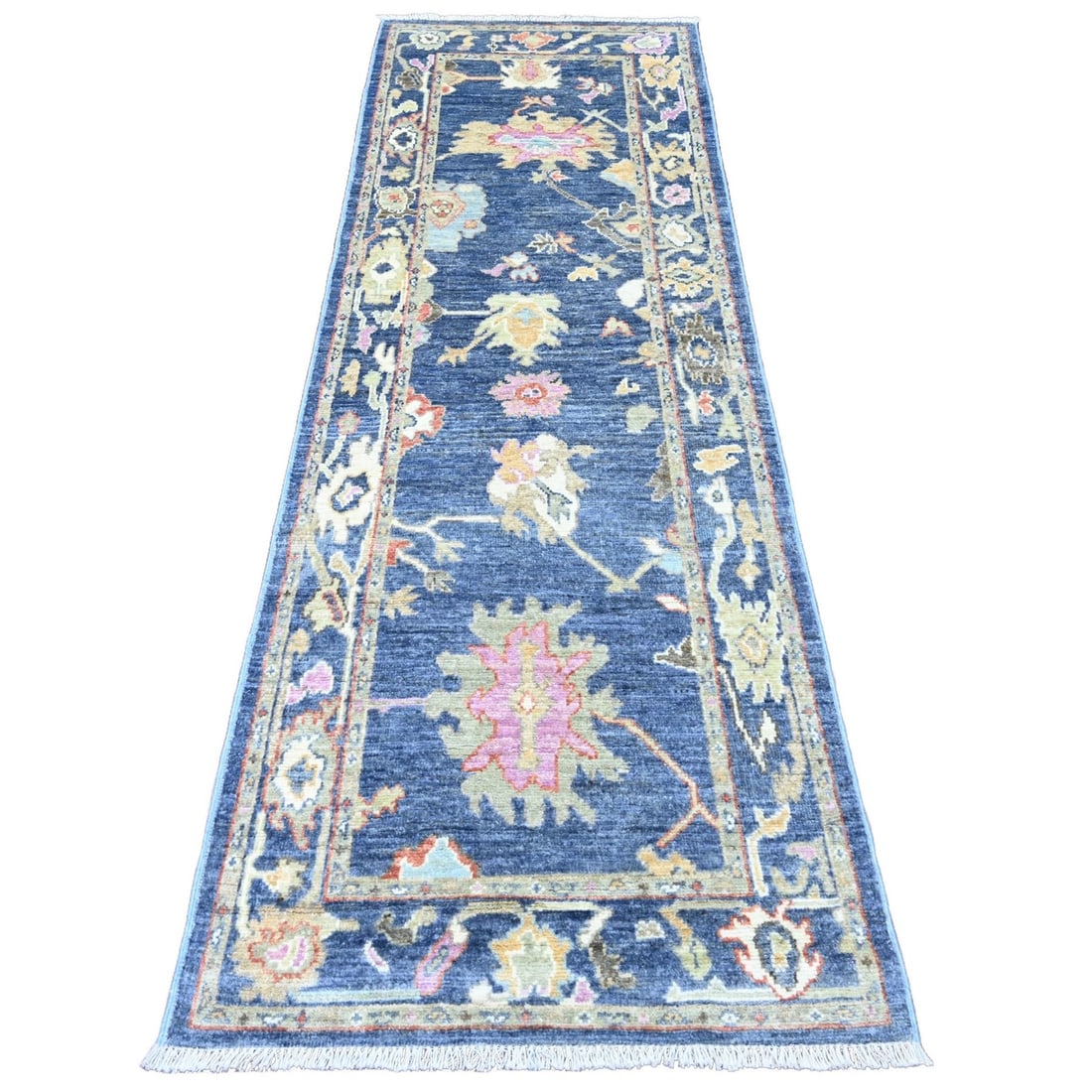 Blue Angora Oushak Floral Pattern Wool Hand Knotted Runner Rug Two Point Eight Nine Inch Long Eight: Blue Angora Oushak Floral Pattern Wool Hand Knotted Runner Rug Two Point Eight Nine Inch Long Eight Blue Angora Oushak Floral Pattern Wool Hand Knotted Runner Rug boasts an intricate floral pattern in