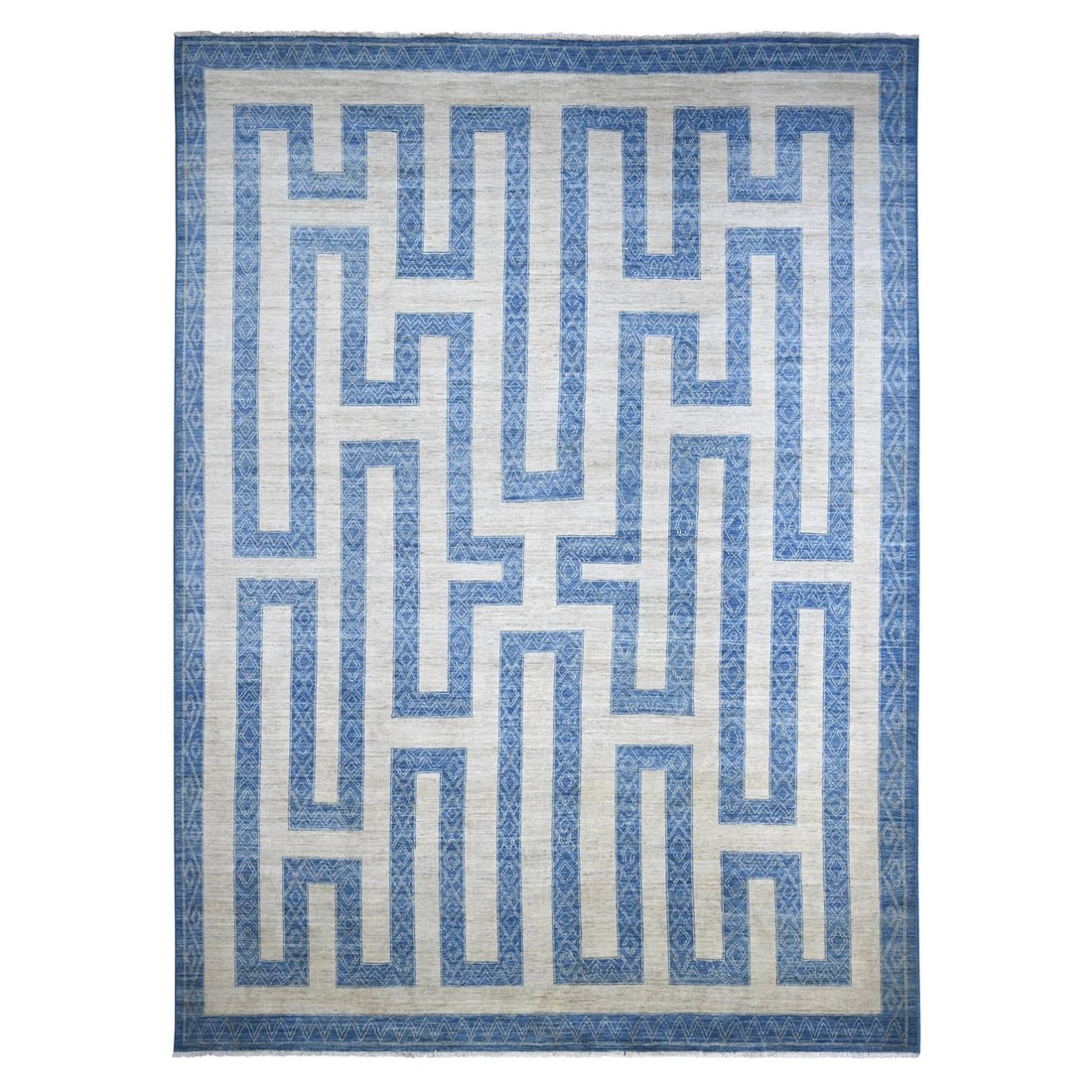 Blue Peshawar Hand Knotted Wool Rug 9x10 Soft Fine 13x6 Maze Design: Blue Peshawar Hand Knotted Wool Rug 9x10 Soft Fine 13x6 Maze Design Soft and serene, this hand-knotted blue Peshawar rug boasts a stunning maze design in a rich, fine wool. Its rectangular shape and