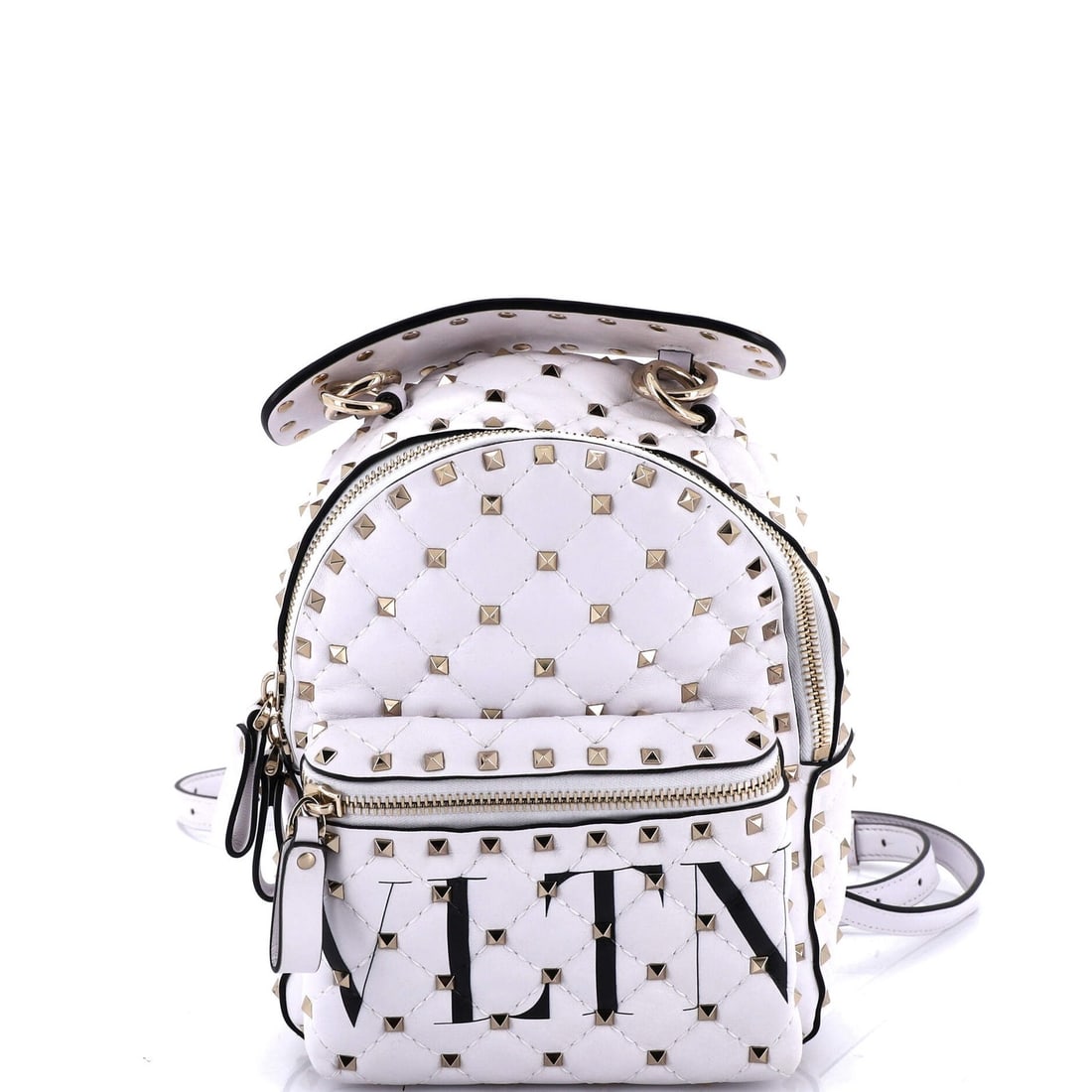 Valentino Garavani Vltnequipped Quilted Leatherspike Backpack: Valentino Garavani Vltnequipped Quilted Leatherspike Backpack The Valentino Garavani Vltnequipped Quilted Leatherspike Backpack boasts a striking white exterior with quilted printed leather details, a
