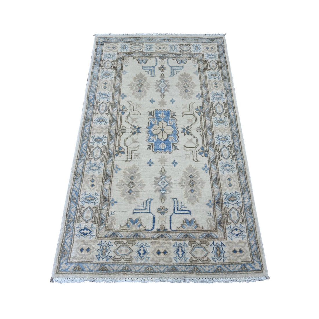 Ivory Vintage Kazak Wool Rug with Tribal Design Hand Knotted 28" x 40: Ivory Vintage Kazak Wool Rug with Tribal Design Hand Knotted 28" x 40 Hand-knotted with exceptional craftsmanship, this ivory vintage Kazak wool rug boasts an intricate medallion tribal design. Its