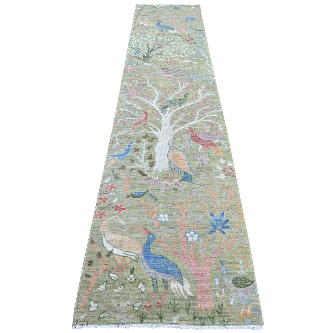 Birds of Paradise Peshawar Runner Hand Knotted Wool Green 26x123: Birds of Paradise Peshawar Runner Hand Knotted Wool Green 26x123 Hand-knotted in wool, this stunning Birds of Paradise Peshawar runner boasts a rich green field color and intricate design. Made with t
