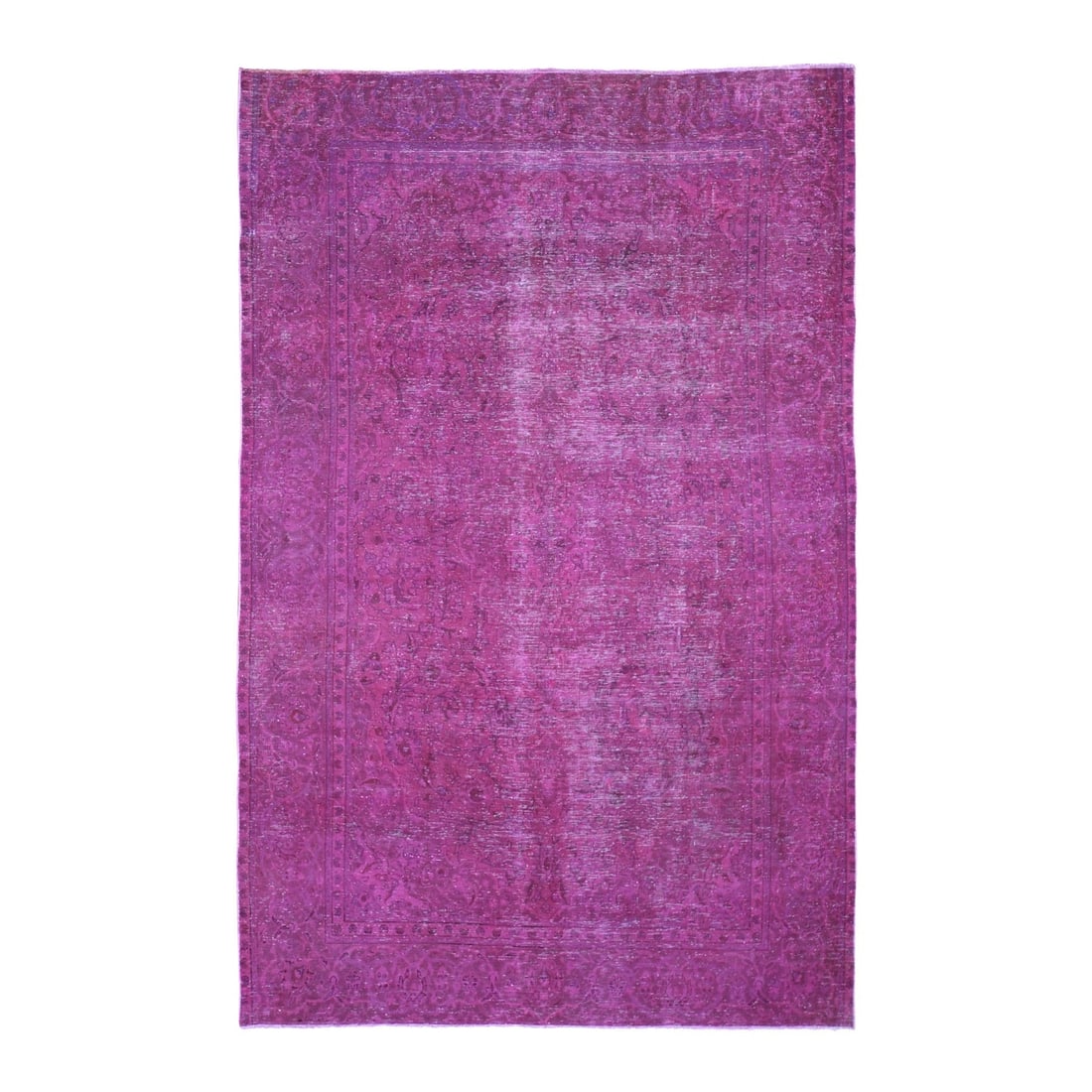 Hand knotted pink farsian rug worn overdyed oriental tebraz down 6 x 10: Hand knotted pink farsian rug worn overdyed oriental tebraz down 6 x 10 Hand-knotted in Turkey, this vibrant pink Oriental rug boasts an authentic Afghan weave and features a stunning worn wool pile. 