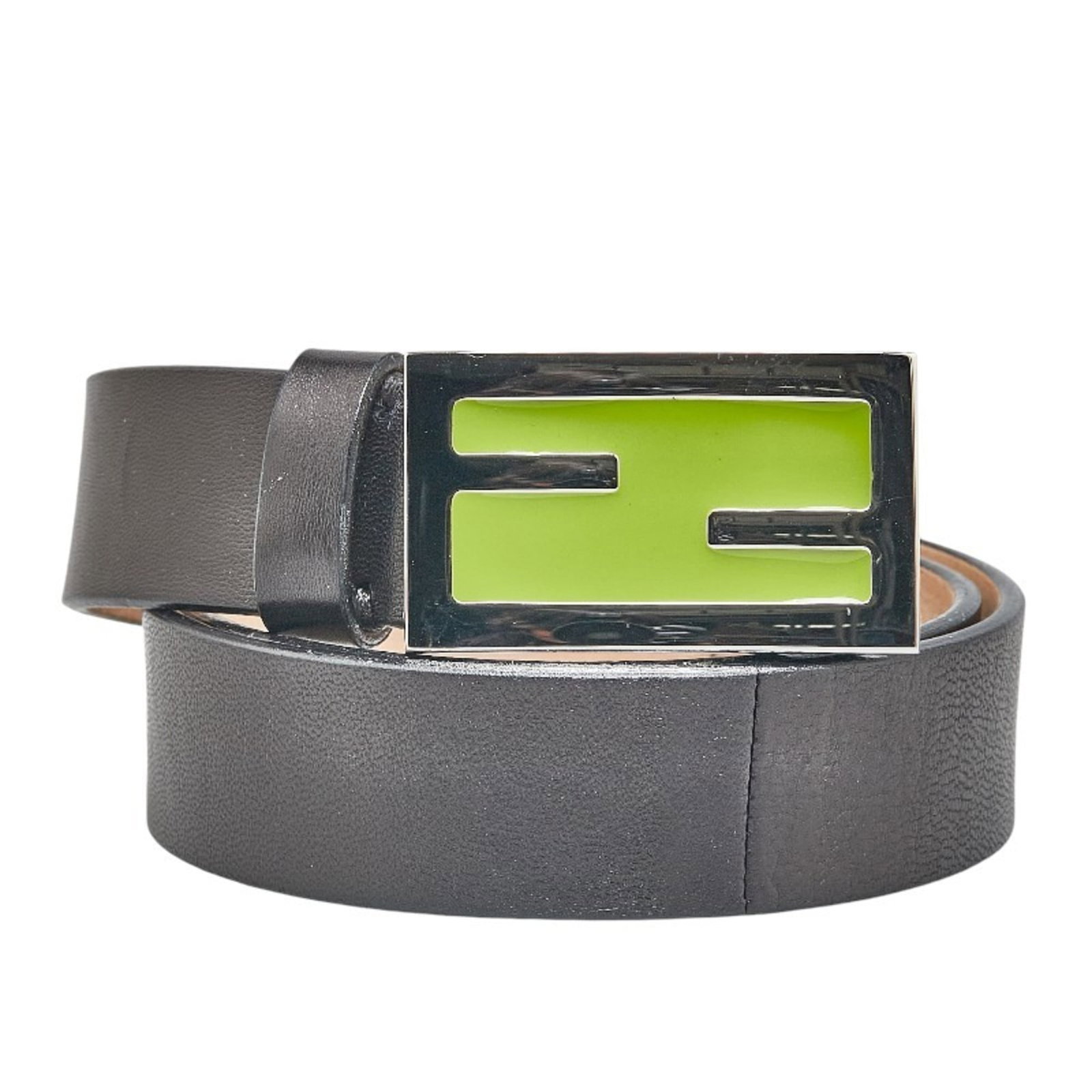 Fendi Standard Belt: Fendi Standard Belt A Fendi standard belt in black, green, and silver hues with five adjustable holes offers versatility for everyday wear. The leather strap measures 63cm to 73cm in length and 3cm in