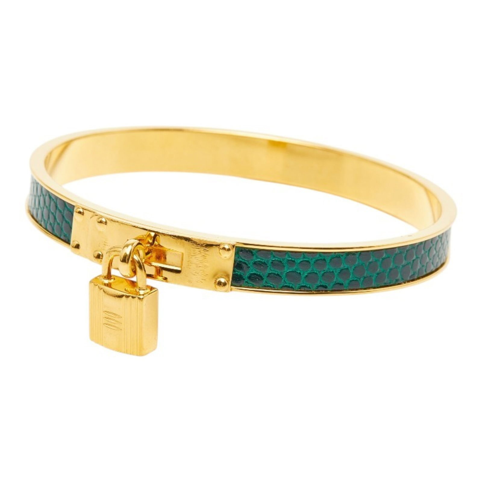 Hermes Bangle Gold Plating: Hermes Bangle Gold Plating Gold Plating Bangle from Hermes Features a 19cm length with gold and green tones, measuring 21.5cm in total length. The bangle has undergone some wear, with traces of usage 