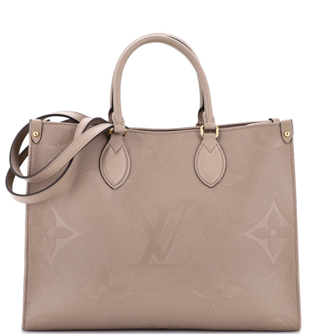 Tote with Monogram Empreinte on Louis Vuitton OnTheGo Giant MM: Tote with Monogram Empreinte on Louis Vuitton OnTheGo Giant MM The Louis Vuitton OnTheGo Giant MM tote features a neutral exterior with an iconic Monogram Empreinte design, adding a touch of luxury