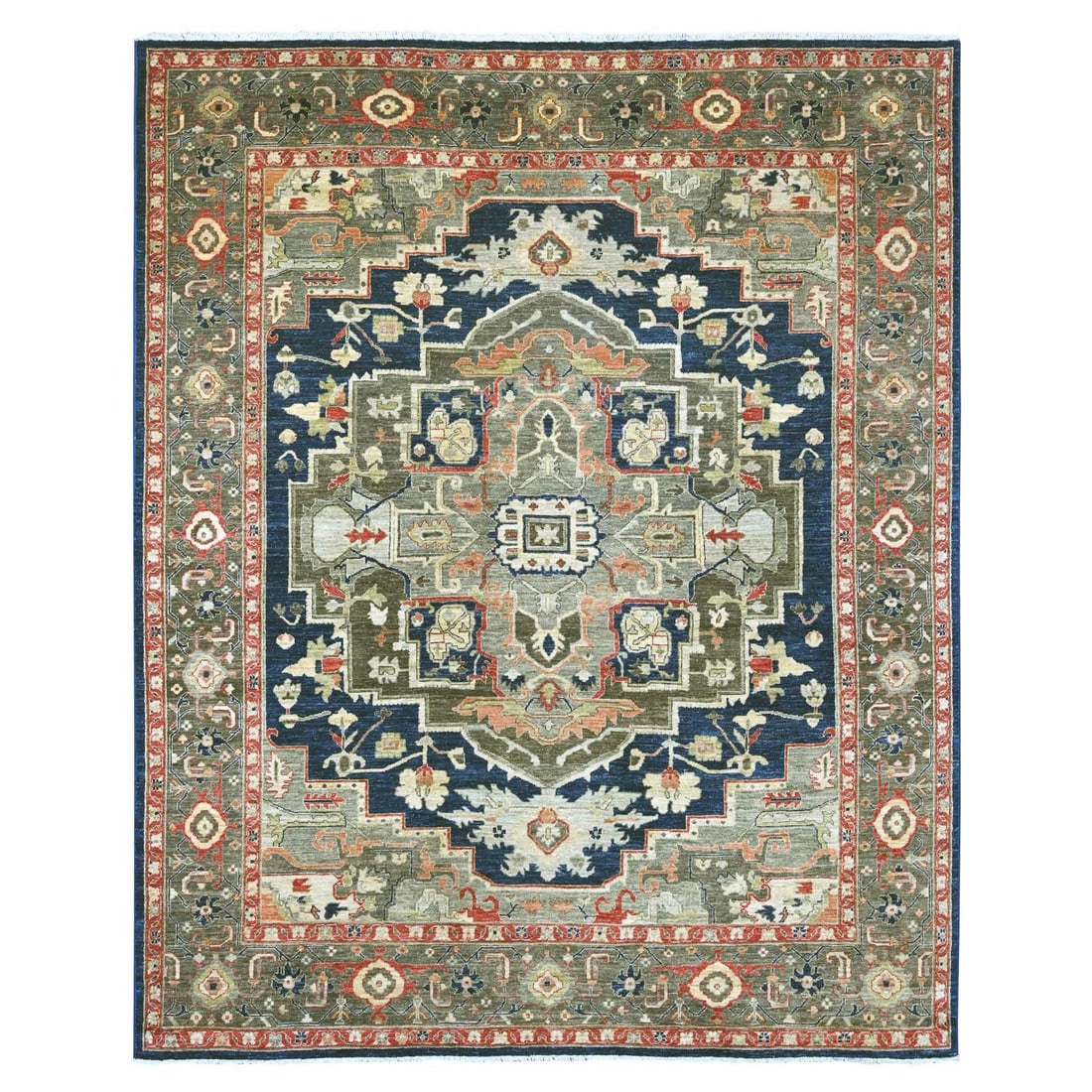 Blue Seeripe Heris Large Hand Knotted Wool Rug 8x9 9: Blue Seeripe Heris Large Hand Knotted Wool Rug 8x9 9 The Blue Seeripe Heris Large Hand Knotted Wool Rug boasts an impressive medallion pattern in rich blue hues against a rectangular field. Made from 