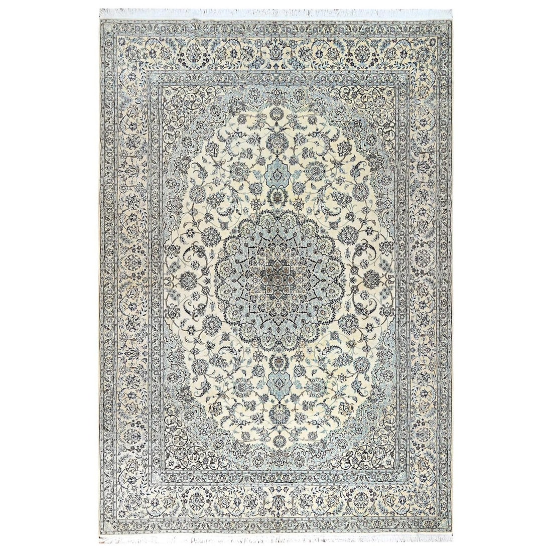 Strict rules apply use only ivory zoroastrian wool silk rug: Strict rules apply use only ivory zoroastrian wool silk rug This exquisite Zoroastrian wool silk rug boasts an intricate medallion pattern in rich ivory hues, set against a subtle cotton foundation. H