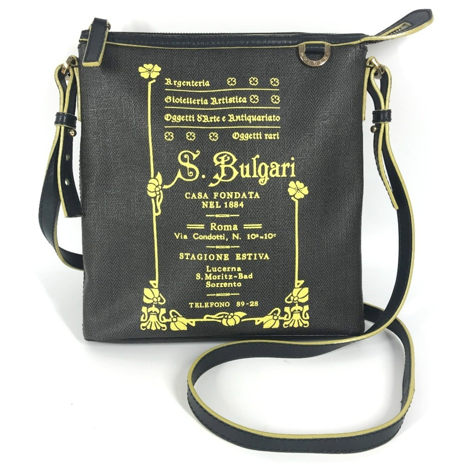 Bvlgari Pochette Shoulder Bag Pvc Leather: Bvlgari Pochette Shoulder Bag Pvc Leather The Bvlgari Pochette Shoulder Bag in gray and yellow PVC leather offers a stylish and modern design. With its compact size and sleek shape, this shoulder bag 