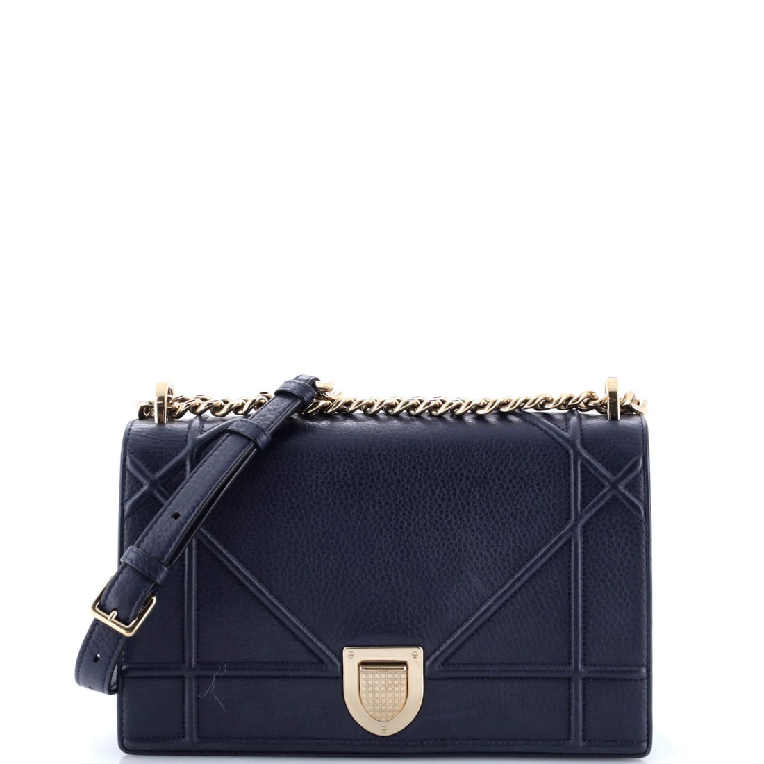 Dior Calfskin Medium Flap Diorama Bag: Dior Calfskin Medium Flap Diorama Bag The Dior Calfskin Medium Flap Diorama Bag features a striking blue exterior made from high-quality leather, with a classic cross-body design and gold-tone hardwar