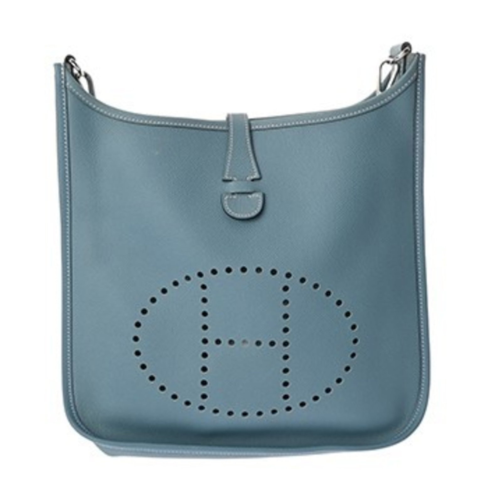 Hermes Shoulder Bag Epsom Leather: Hermes Shoulder Bag Epsom Leather The Epsom Leather shoulder bag from Hermes boasts a striking blue jean color and sleek silver hardware. With its classic design and durable Epsom leather construction