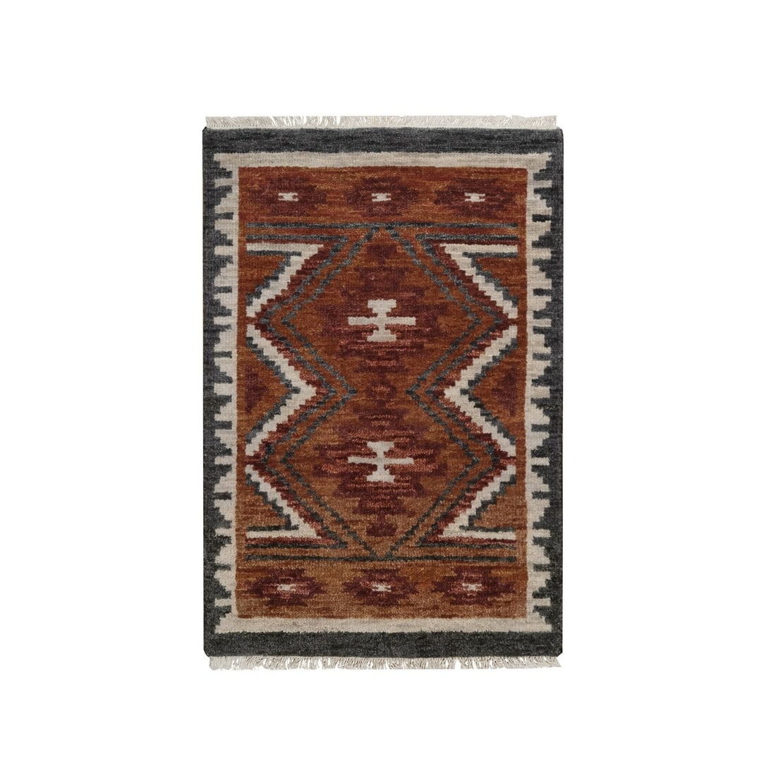 Southwestern Brown Hand Knotted Pure Wool Mat: Southwestern Brown Hand Knotted Pure Wool Mat This hand-knotted pure wool mat boasts a stunning geometric regional design in rich brown hues, set against a neutral background. Made from high-quality w