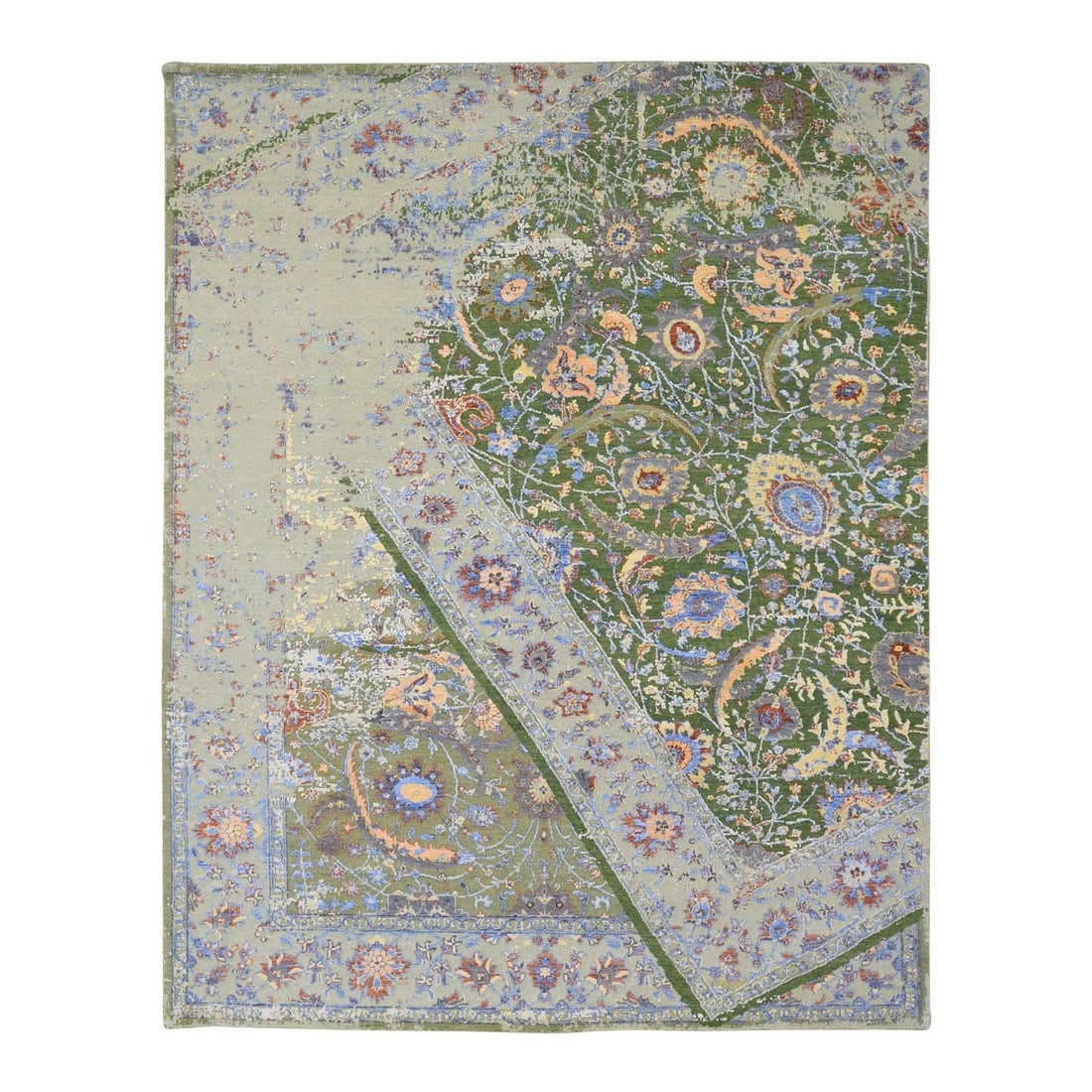 Silk Wool Rug Green Rug Design with Textured Wool on Top 7'9"x9'10 (1 of 12)