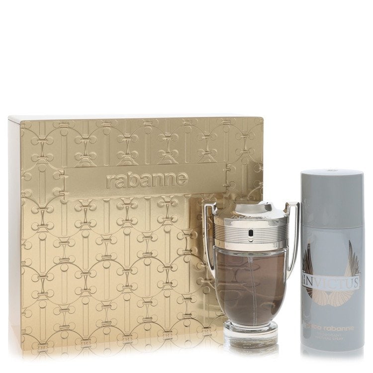 Invictus Cologne By Paco Rabanne Gift Set: Invictus Cologne By Paco Rabanne Gift Set 3.4 oz Eau De Toilette Spray and 5.1 oz Deodorant Spray Gift Set from Paco Rabanne's Invictus Cologne, designed for men with a fresh and energetic scent. This