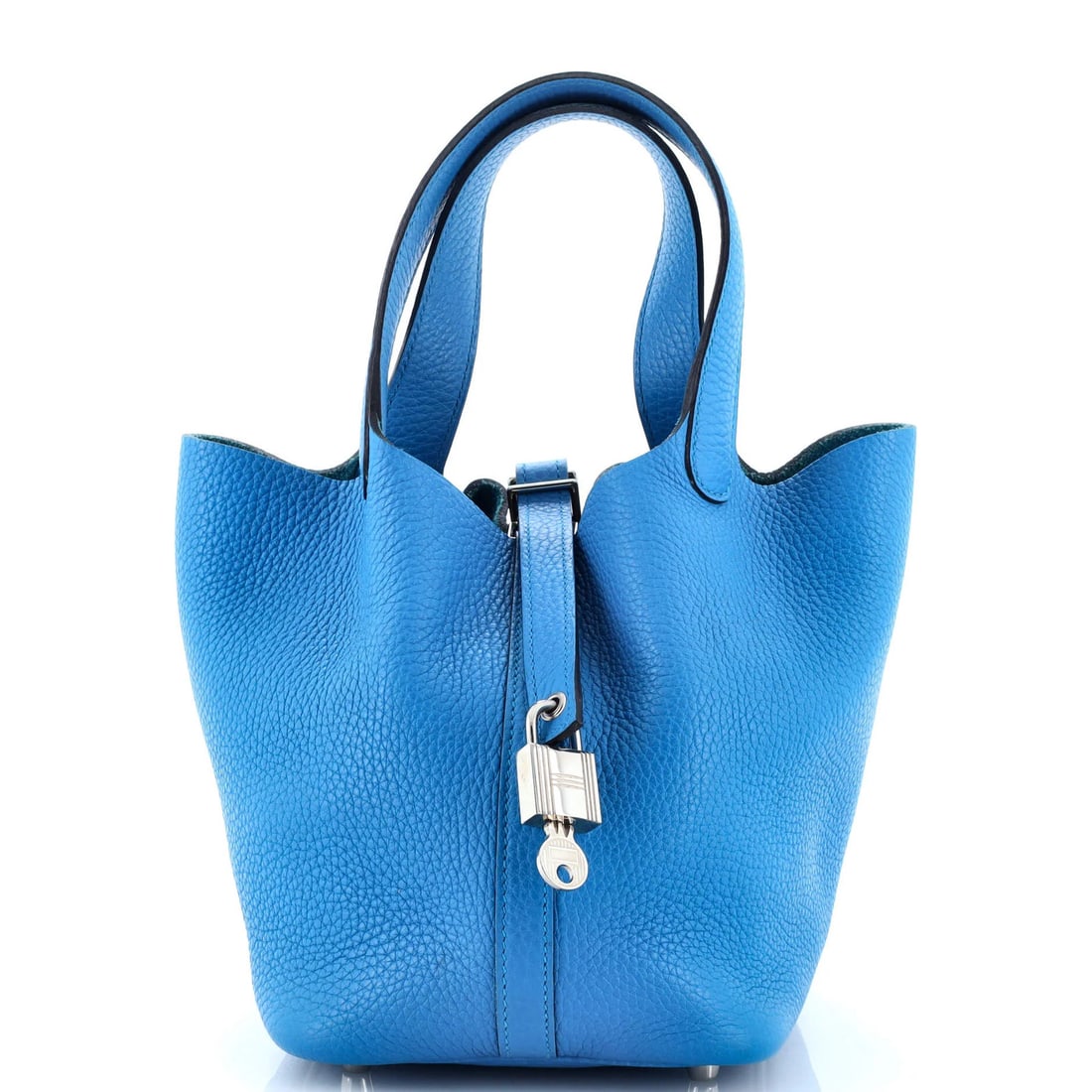 Clemence Picotin Lock Bag Hermes: Clemence Picotin Lock Bag Hermes The Clemence Picotin Lock Bag Hermes boasts a striking blue exterior with Palladium hardware, adding a touch of sophistication to any outfit. Measuring 6.5" in handle 