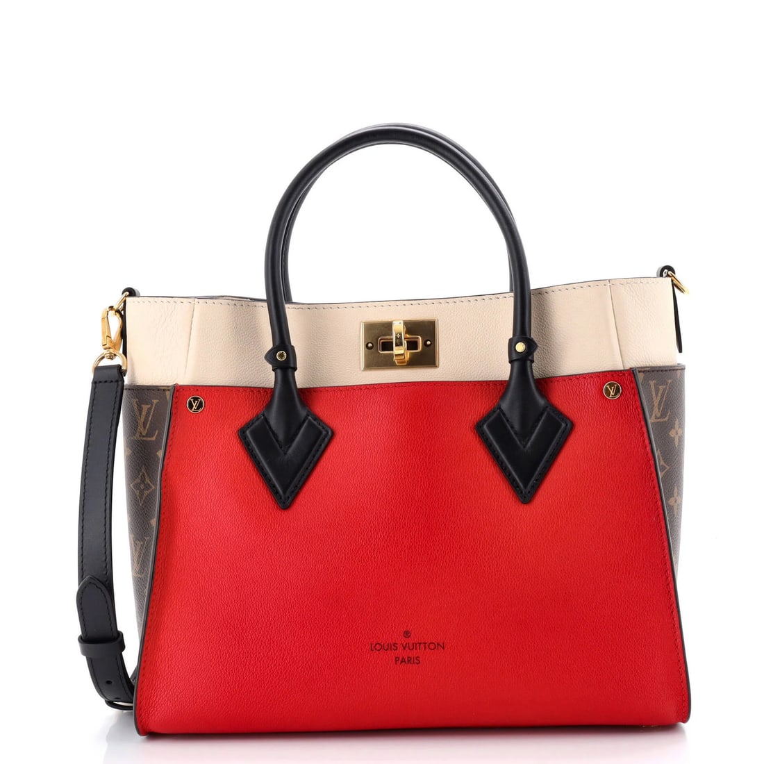 Leather Monogram Canvas Side Tote with MM: Leather Monogram Canvas Side Tote with MM The Louis Vuitton Leather Monogram Canvas Side Tote with MM boasts a striking red exterior and gold hardware. With its spacious interior and sturdy