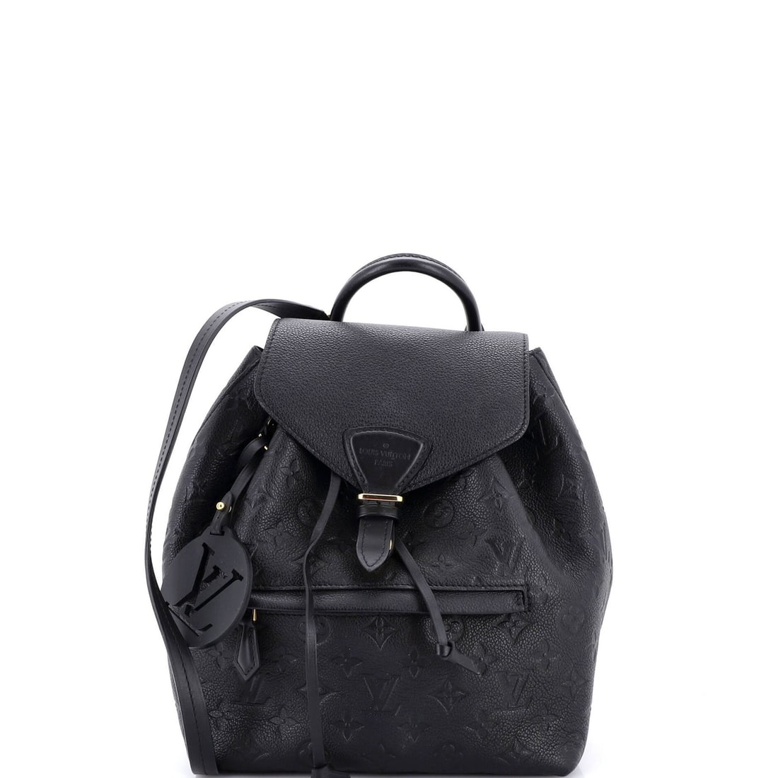 Vuitton Louis Monogram Empreinte Leather Backpack Montsouris PM NM: Vuitton Louis Monogram Empreinte Leather Backpack Montsouris PM NM Black Louis Vuitton Montsouris PM NM Backpack with Empreinte Leather Exterior features scuffs, creases, and minor corner wear. The in