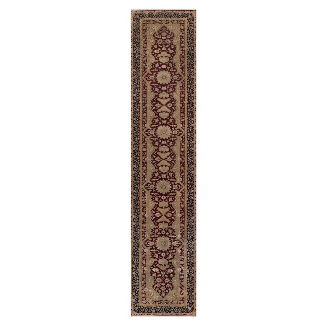 Rugged wool silk medallion design hand knotted runner.: Rugged wool silk medallion design hand knotted runner. Hand-knotted in wool and silk, this vibrant medallion design runner boasts a striking red field with intricate patterns. Made from high-quality