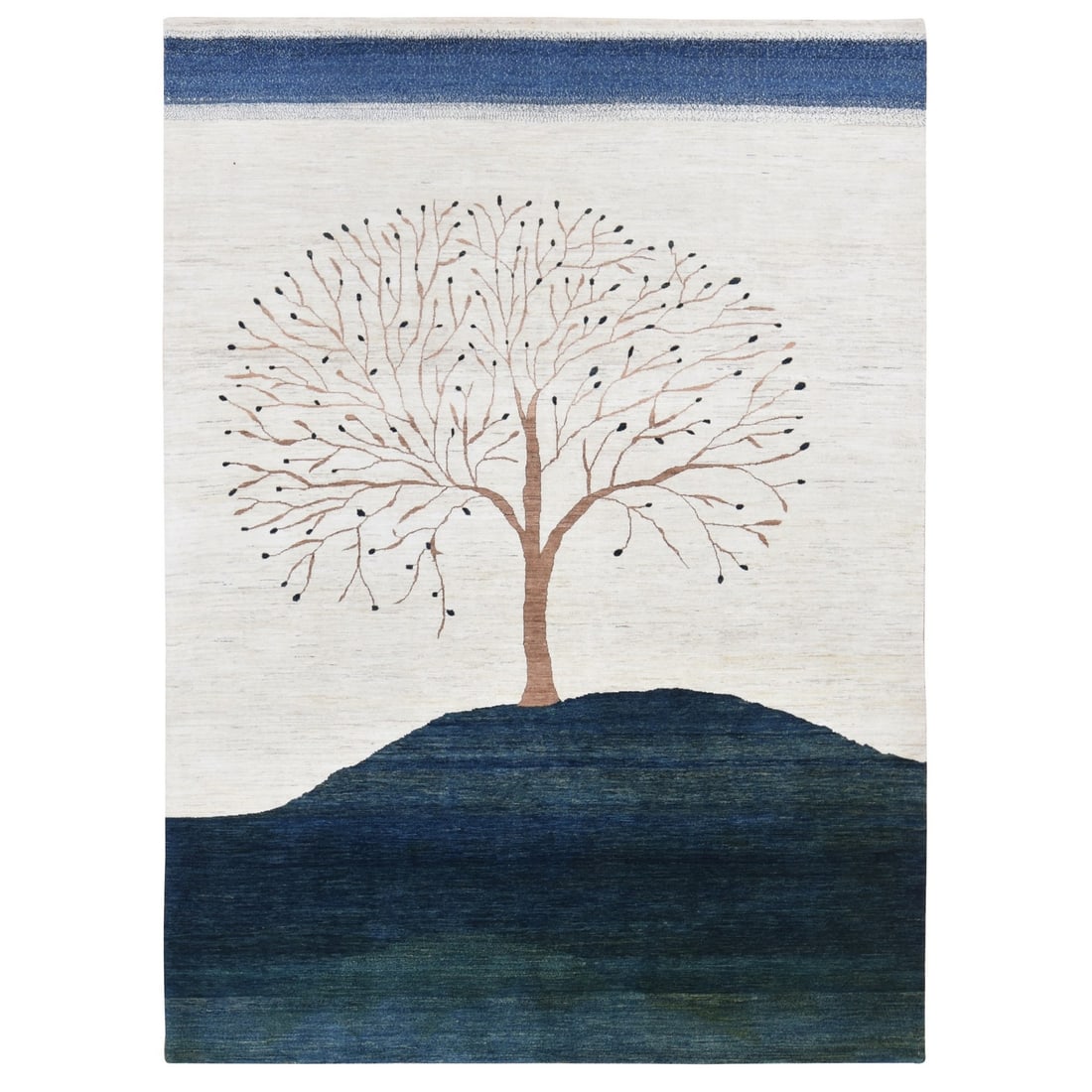 Ivory Hand Knotted Modern Folk Art Tree Design Gabbeh Wool Rug 98x138 Inches: Ivory Hand Knotted Modern Folk Art Tree Design Gabbeh Wool Rug 98x138 Inches Authentic Indian folk art meets modern style in this stunning ivory hand-knotted wool rug. Measuring 98x138 inches, its rec