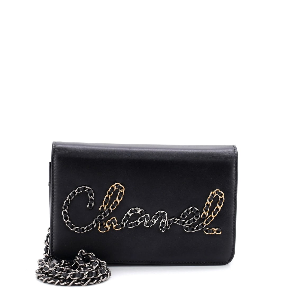 Chain wallet on chain with calf skin.: Chain wallet on chain with calf skin. Chain wallet on chain with calf skin in black exterior. This unique design features scuffs on the exterior and scratches on the hardware, adding to its worn