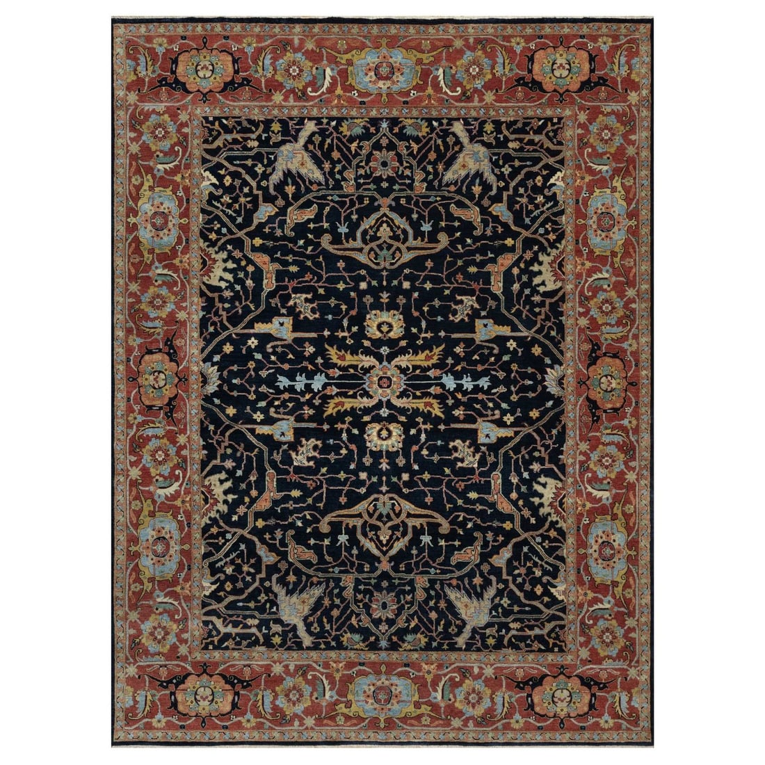 Caviar Blue Rug Hand Knotted Wool New Zealand Heris 9'x12: Caviar Blue Rug Hand Knotted Wool New Zealand Heris 9'x12 Hand-knotted in rich blue wool, this stunning Heris rug boasts an all-over regional design reminiscent of Oriental patterns. Measuring 9'0" x 