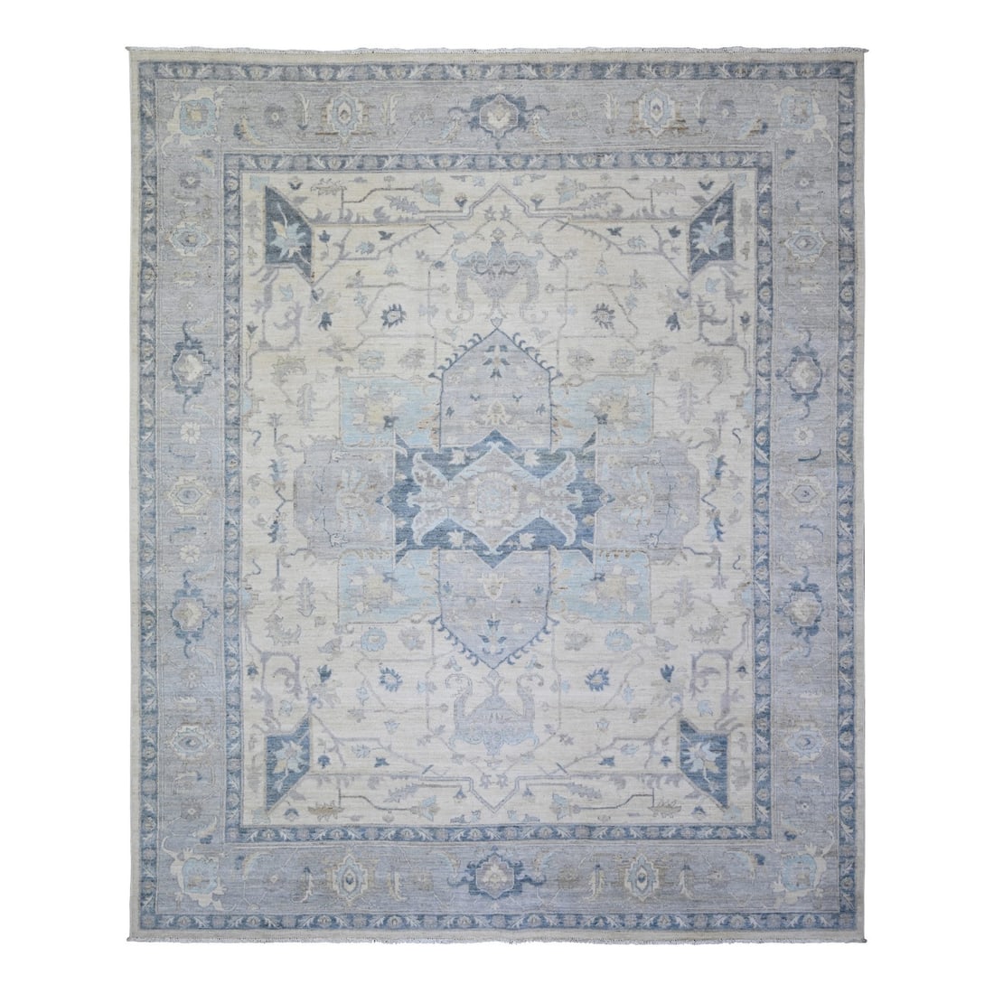 Organic Wool Hand Knotted Ivory Stone Washed Peshawar Rug: Organic Wool Hand Knotted Ivory Stone Washed Peshawar Rug Organic wool fibers create a soft and luxurious feel underfoot in this stunning ivory stone washed Peshawar rug. Hand-knotted with traditional