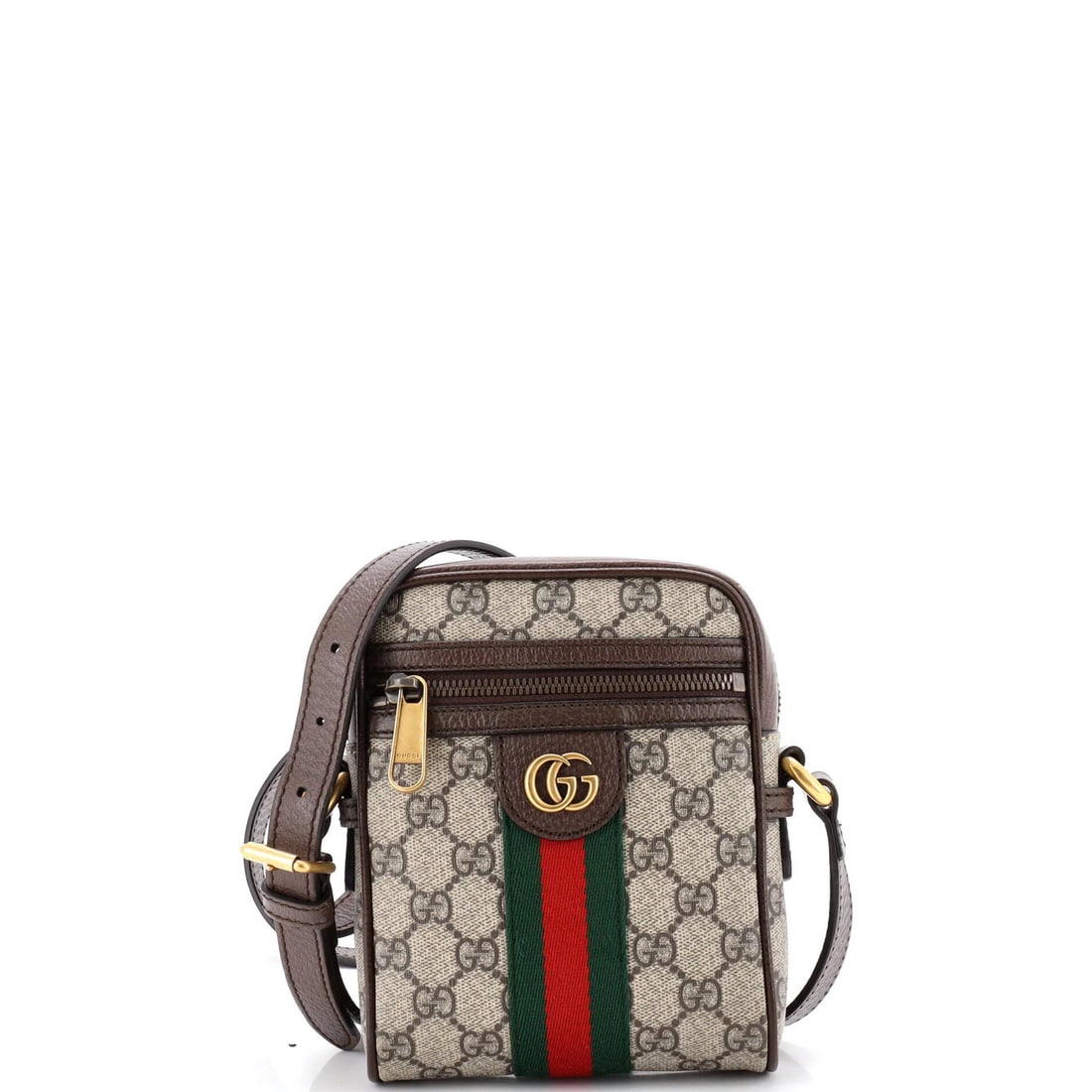Gucci Ophidia Coated Mini Bag Messenger: Gucci Ophidia Coated Mini Bag Messenger The Gucci Ophidia Coated Mini Bag Messenger boasts a stylish canvas coated exterior in rich brown, complemented by neutral interior and aged gold hardware. Meas