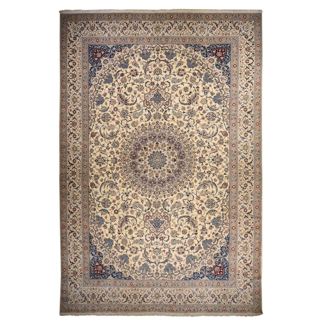 White wool and silk hand knotted rug 20x13.7 17x7 Nain zoroastrian made: White wool and silk hand knotted rug 20x13.7 17x7 Nain zoroastrian made Hand-knotted with luxurious wool and silk, this stunning Nain-style rug boasts an intricate oriental design in ivory hues. Made 