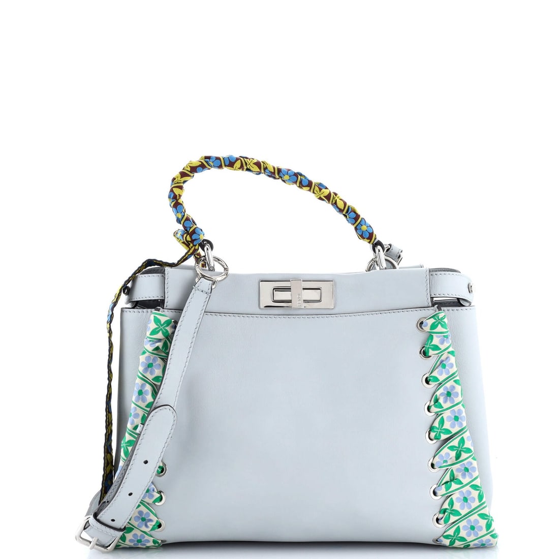 Fendi regular leather bag peekaboo whipstitch ribbon: Fendi regular leather bag peekaboo whipstitch ribbon The Fendi Peekaboo Whipstitch Ribbon bag boasts sleek gray leather exterior with subtle minor scuffs and creases. A stylish regular size with a